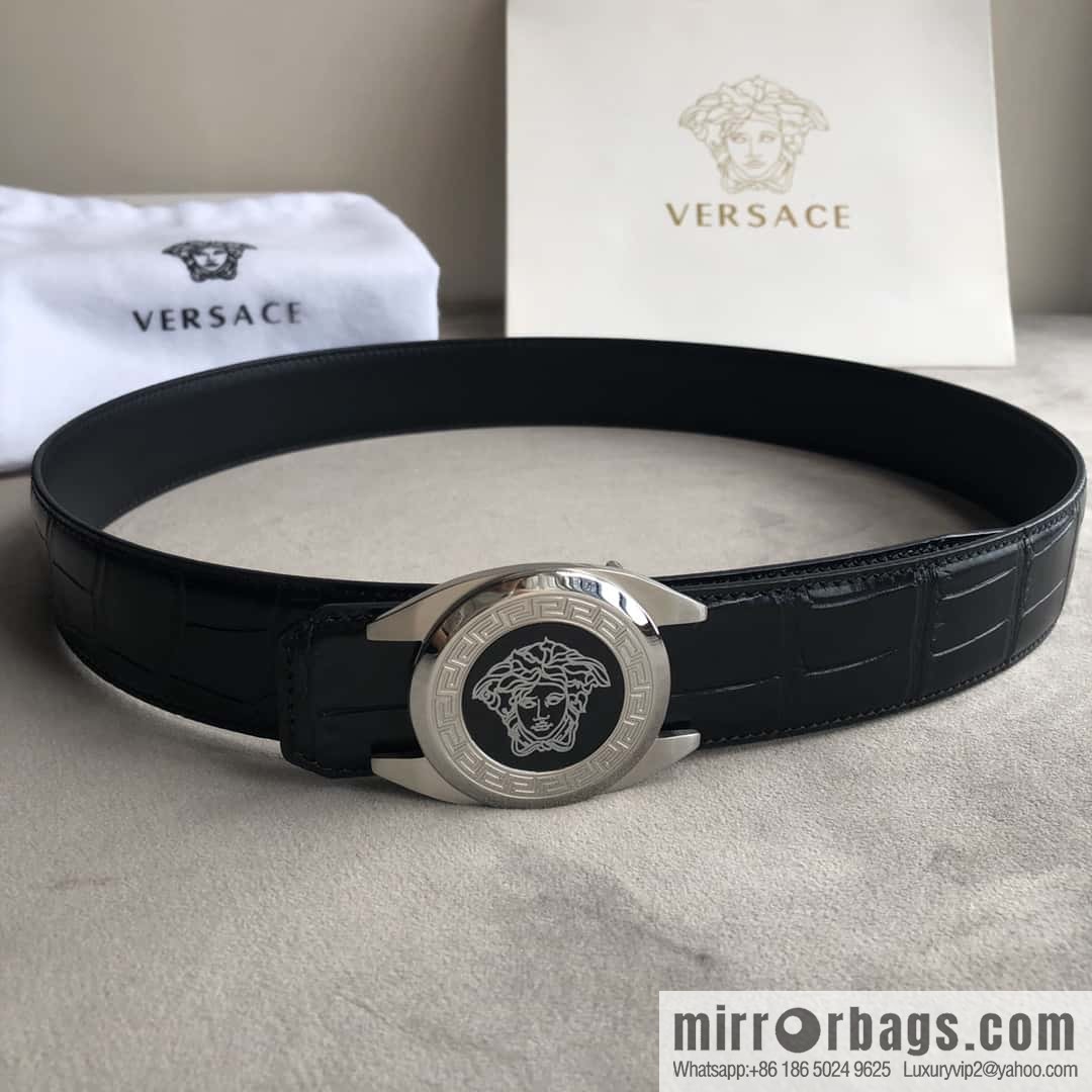 VERACE Versace, Medusa metal buckle, men's imported first layer cowhide embossed fine imitation crocodile leather belt 3.5cm