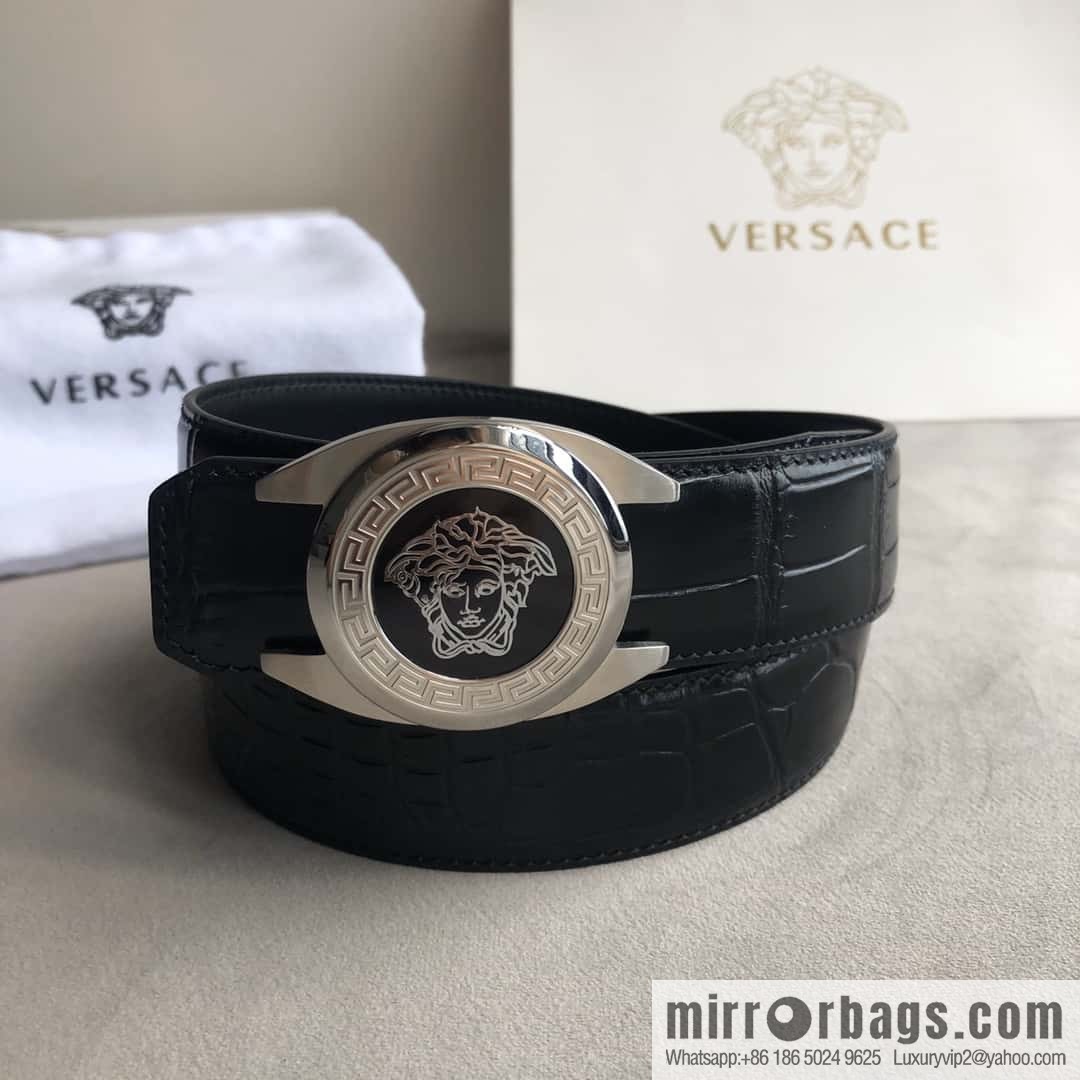 VERACE Versace, Medusa metal buckle, men's imported first layer cowhide embossed fine imitation crocodile leather belt 3.5cm