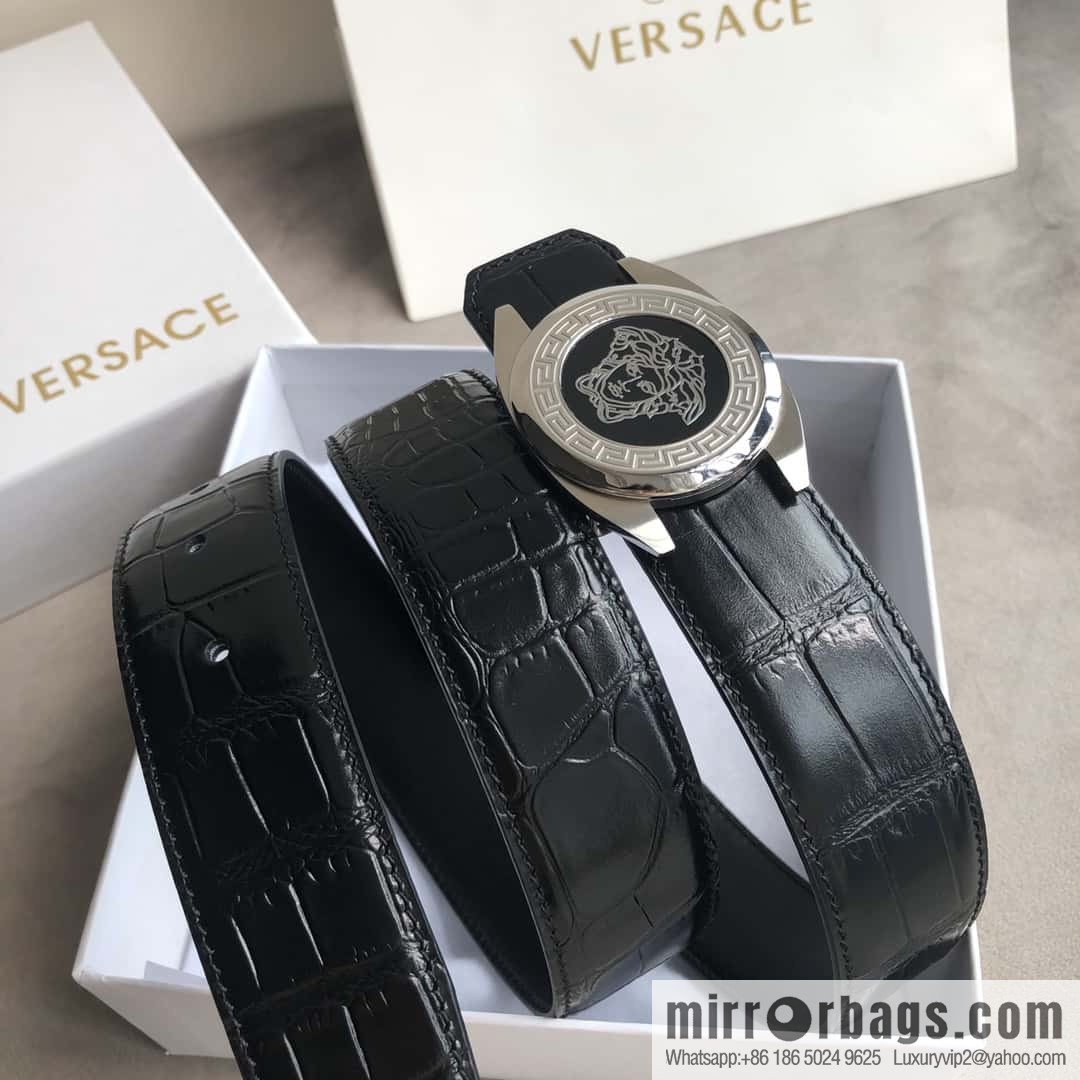 VERACE Versace, Medusa metal buckle, men's imported first layer cowhide embossed fine imitation crocodile leather belt 3.5cm