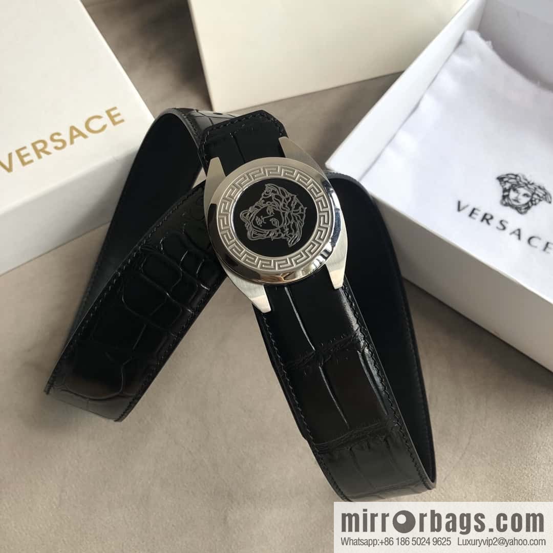 VERACE Versace, Medusa metal buckle, men's imported first layer cowhide embossed fine imitation crocodile leather belt 3.5cm