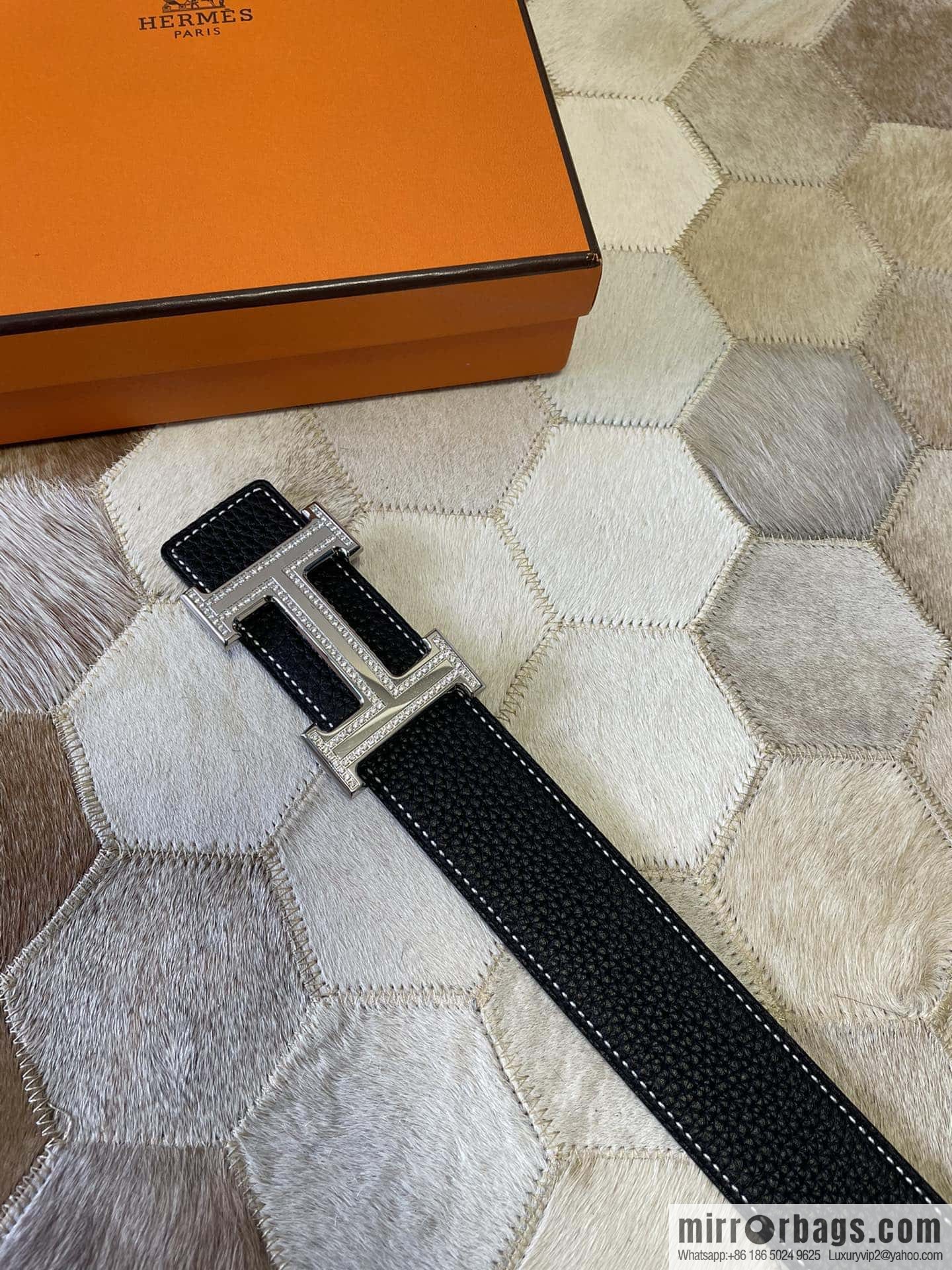Hermes, stainless steel double-row diamond buckle, original leather lychee pattern belt 3.8cm