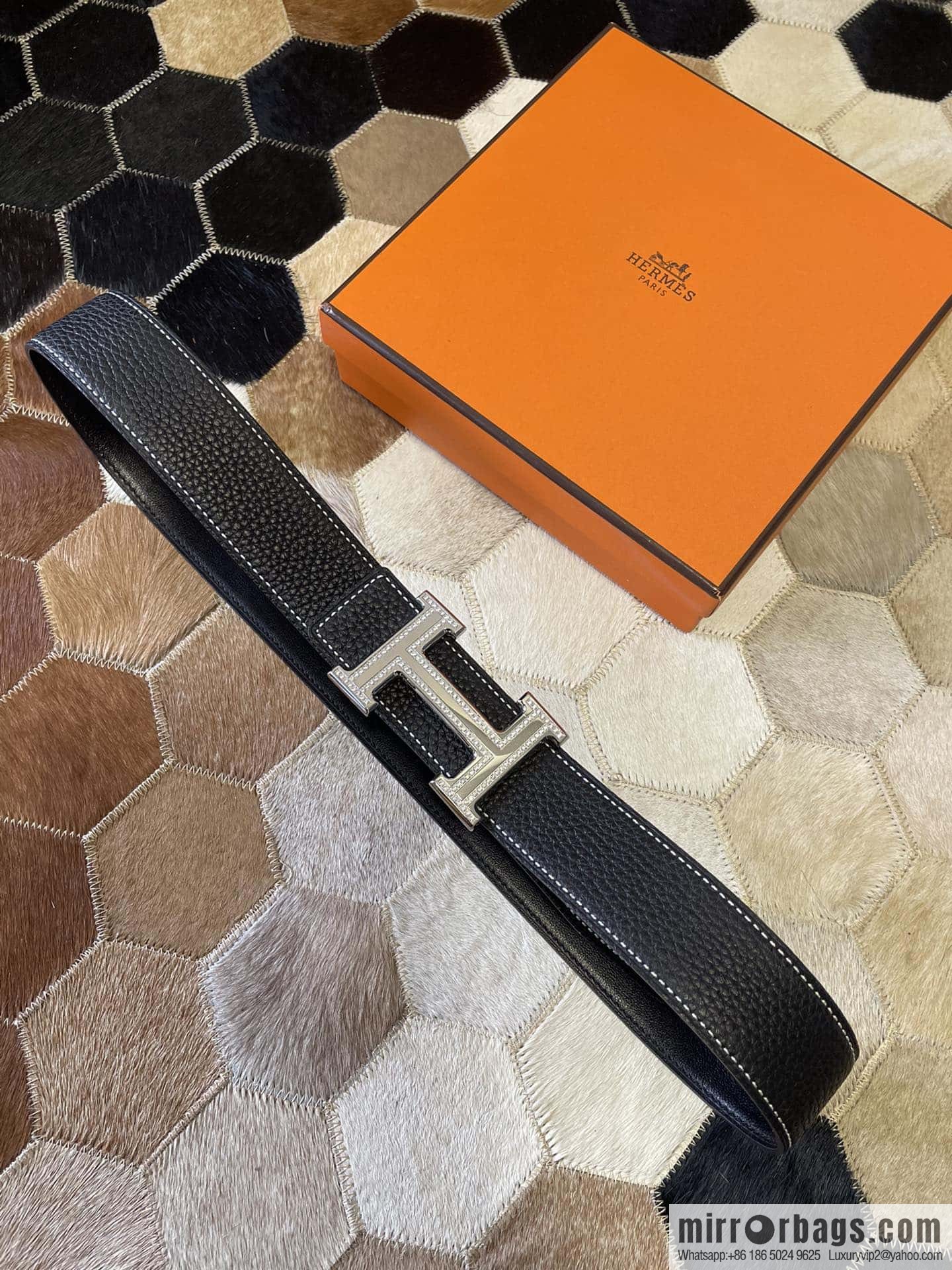 Hermes, stainless steel double-row diamond buckle, original leather lychee pattern belt 3.8cm