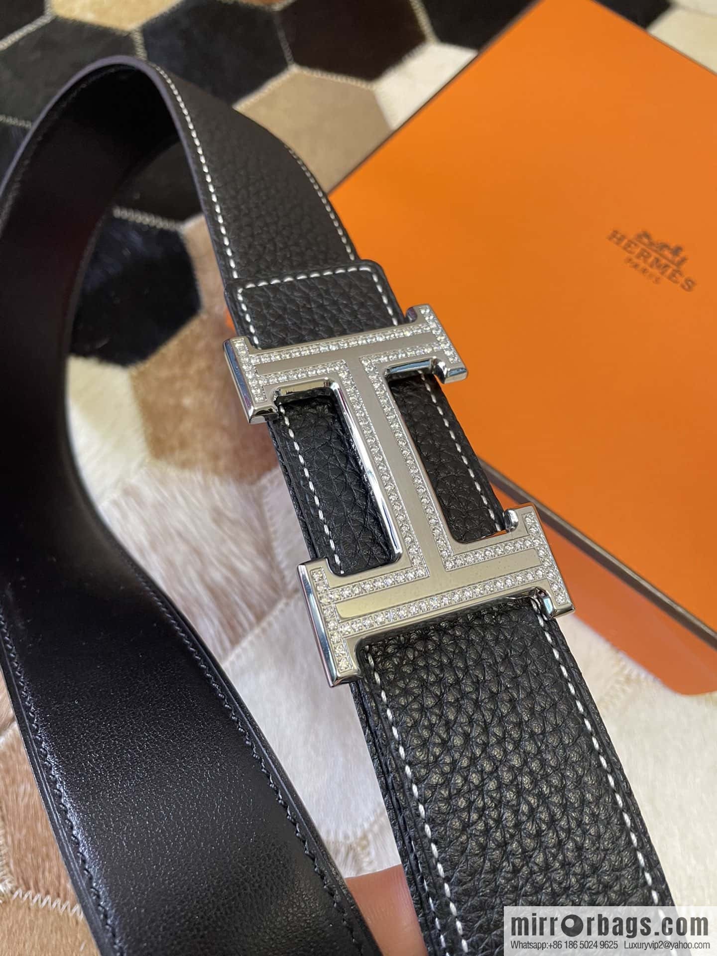 Hermes, stainless steel double-row diamond buckle, original leather lychee pattern belt 3.8cm