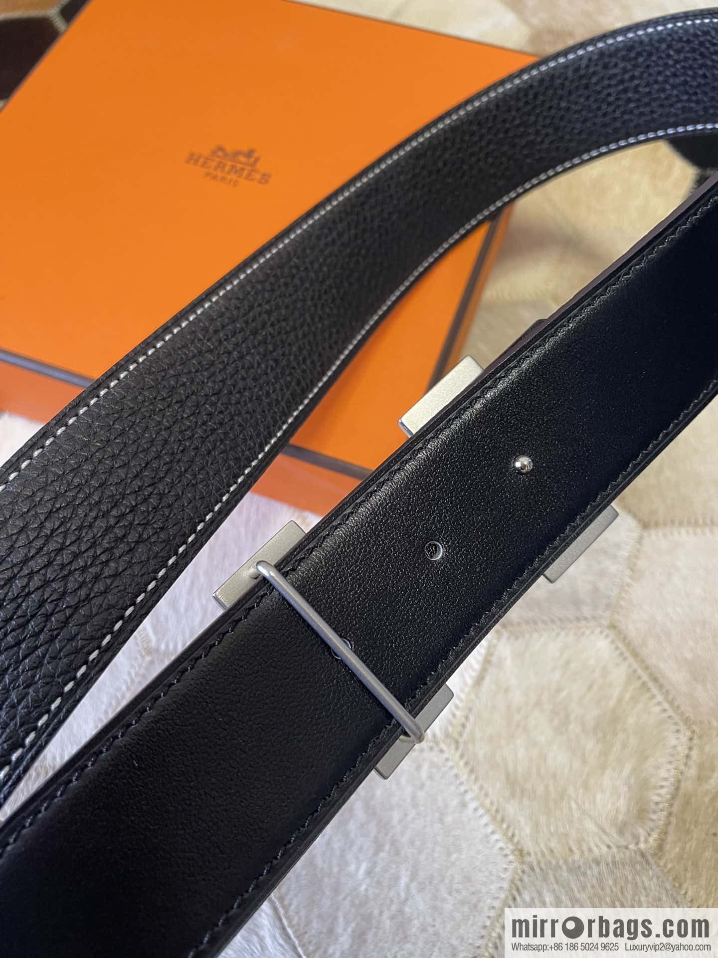 Hermes, stainless steel double-row diamond buckle, original leather lychee pattern belt 3.8cm