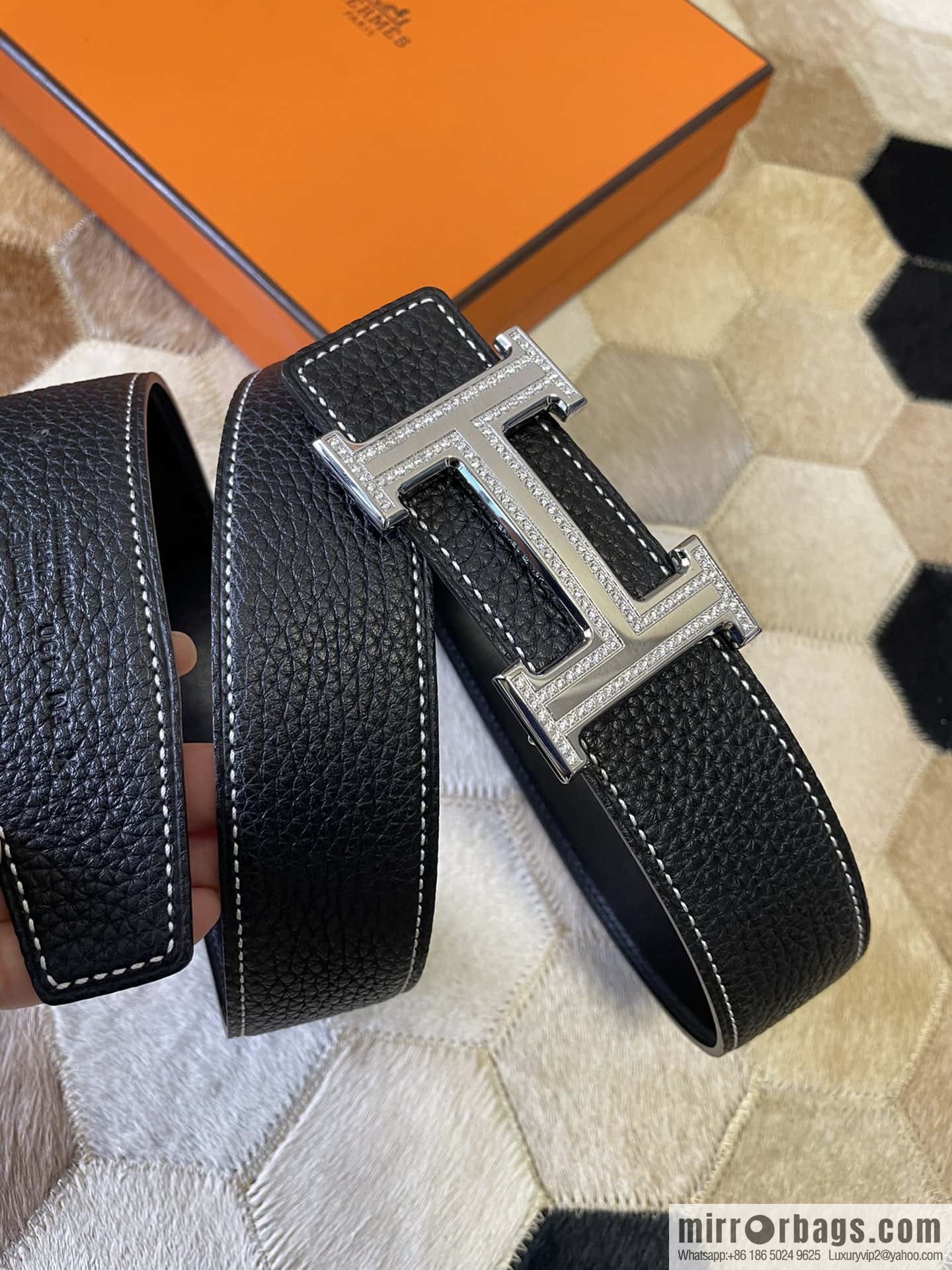 Hermes, stainless steel double-row diamond buckle, original leather lychee pattern belt 3.8cm