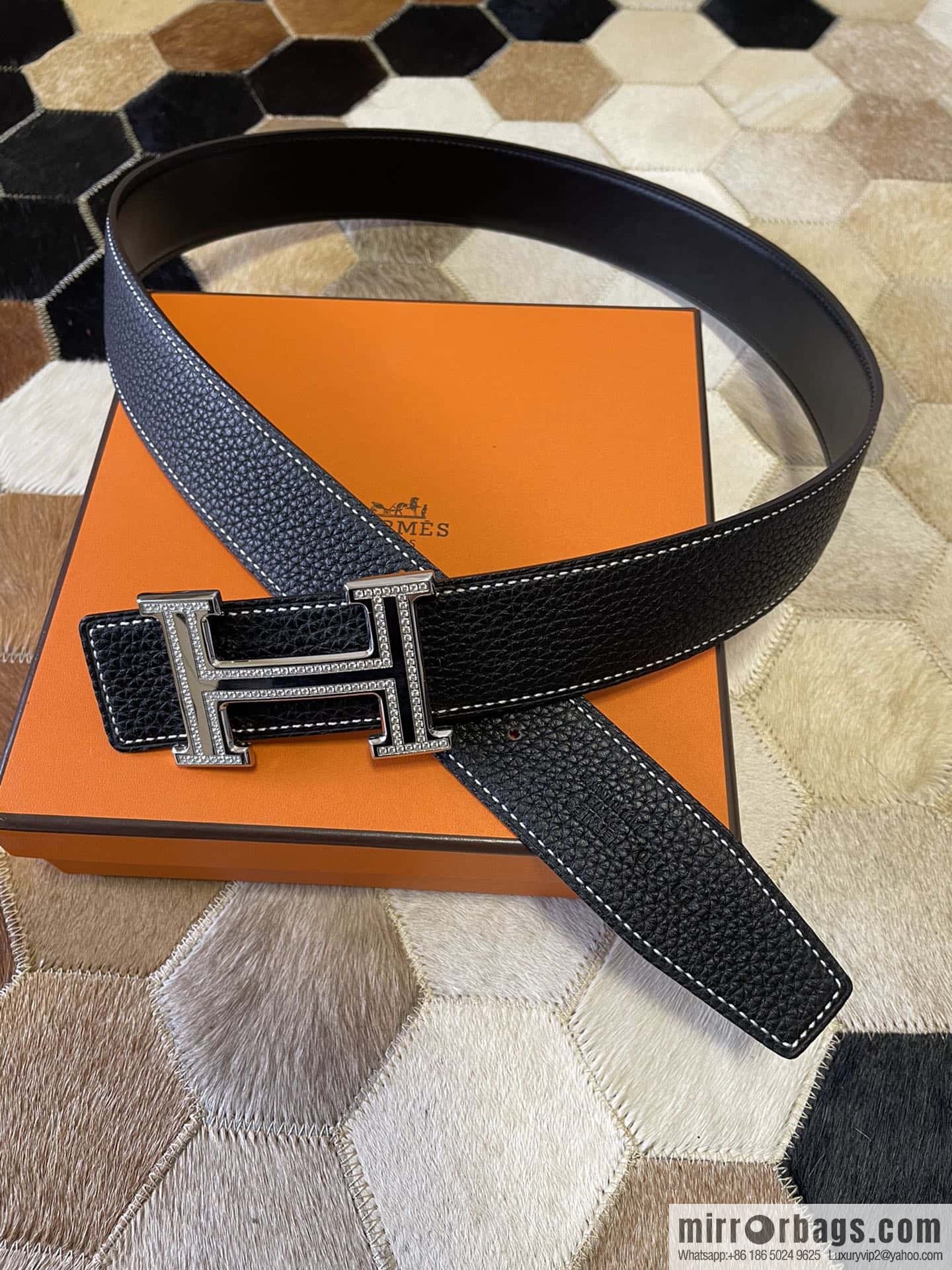 Hermes, stainless steel double-row diamond buckle, original leather lychee pattern belt 3.8cm