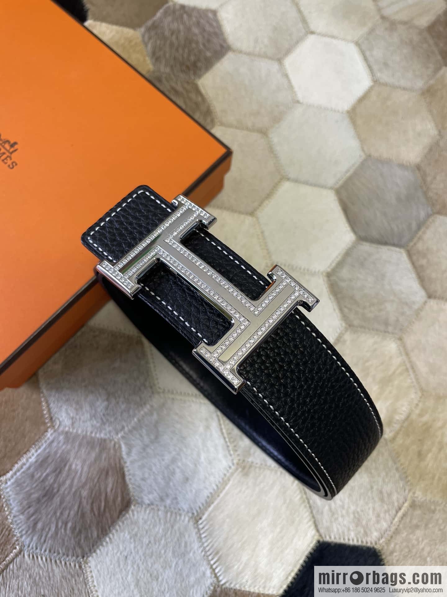 Hermes, stainless steel double-row diamond buckle, original leather lychee pattern belt 3.8cm