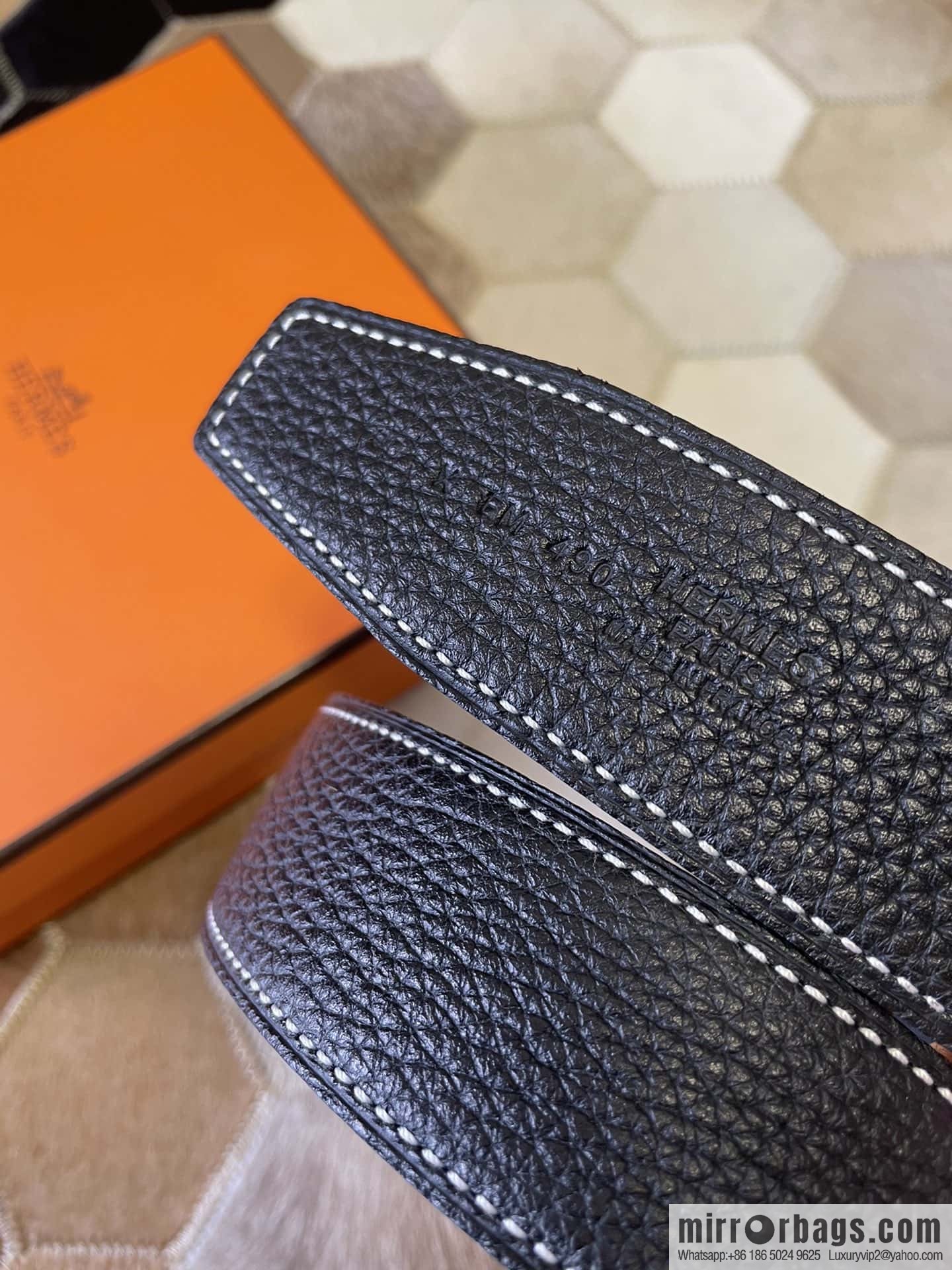 Hermes, stainless steel double-row diamond buckle, original leather lychee pattern belt 3.8cm