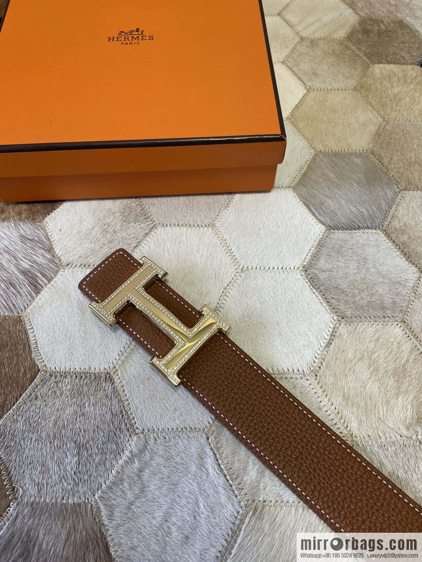 Hermes, stainless steel double-row diamond buckle, original leather lychee pattern belt 3.8cm