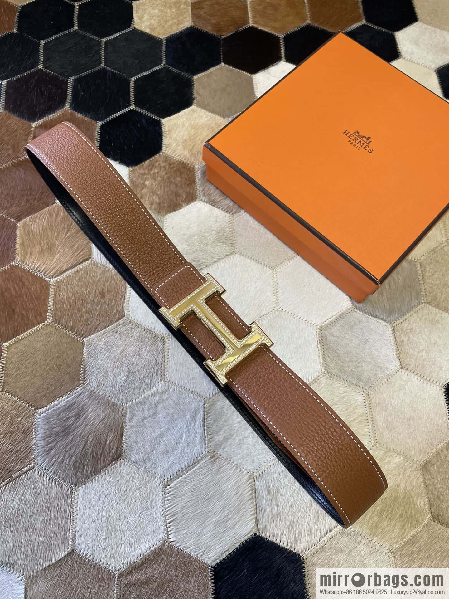 Hermes, stainless steel double-row diamond buckle, original leather lychee pattern belt 3.8cm