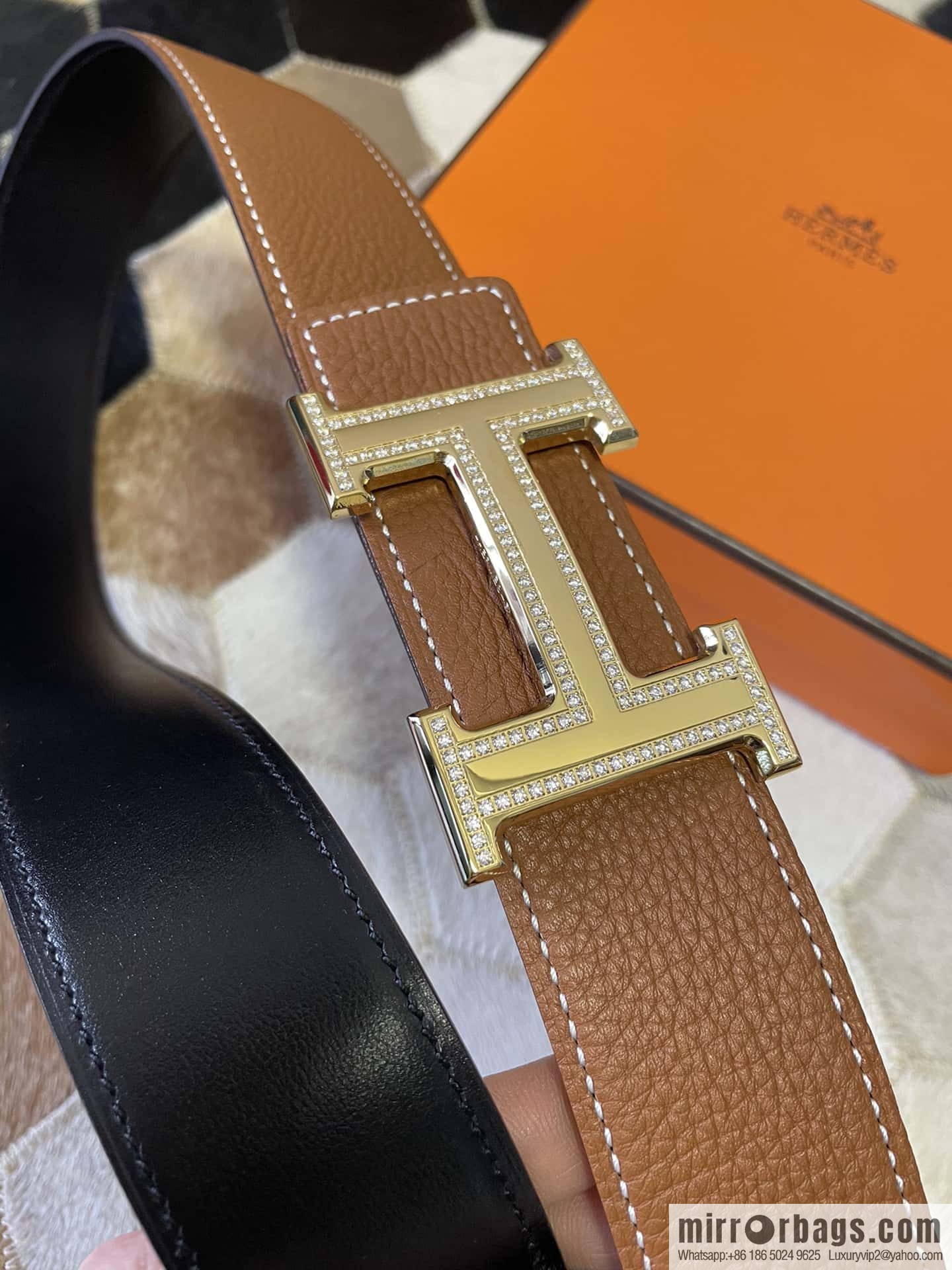 Hermes, stainless steel double-row diamond buckle, original leather lychee pattern belt 3.8cm