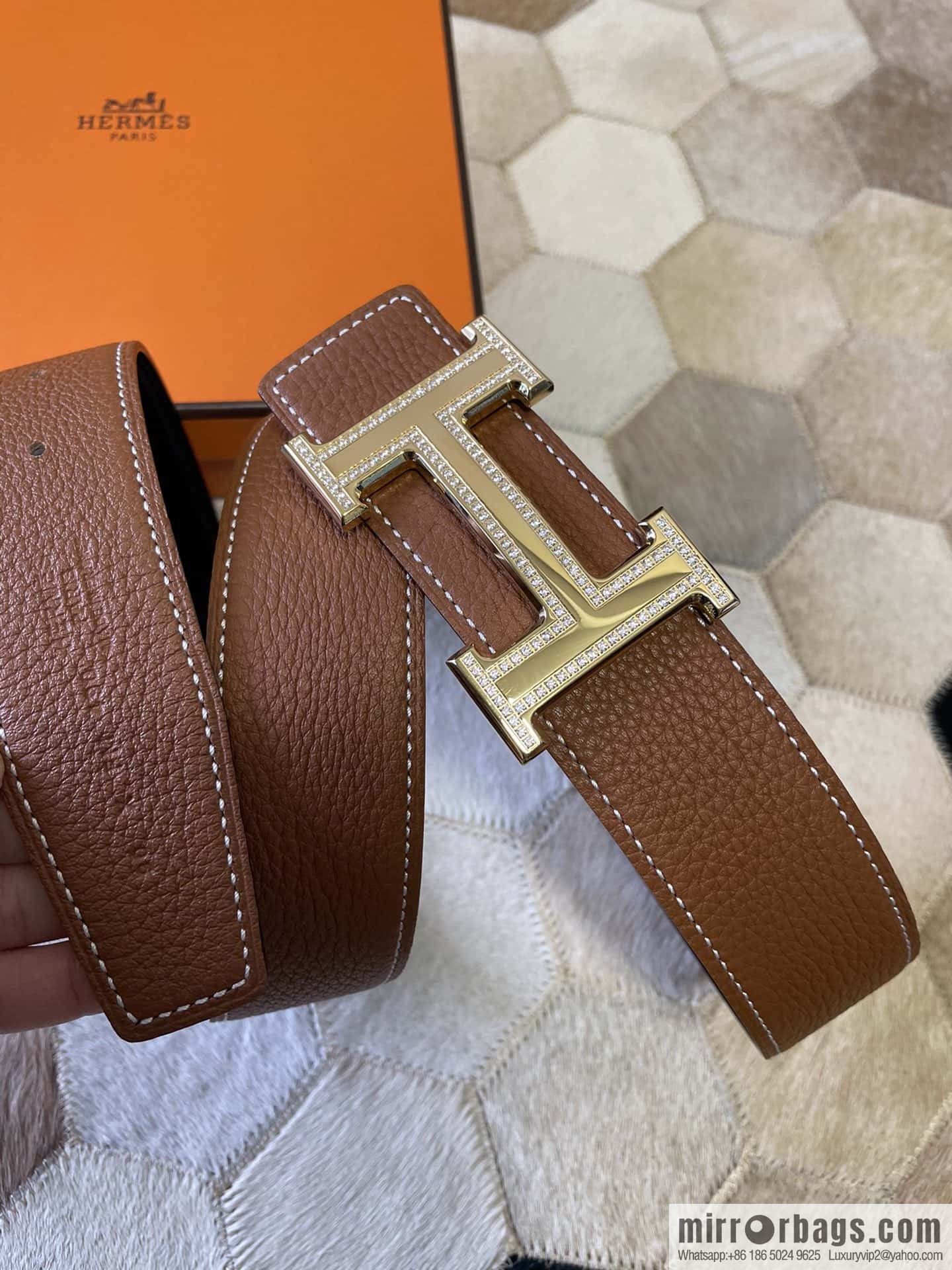 Hermes, stainless steel double-row diamond buckle, original leather lychee pattern belt 3.8cm
