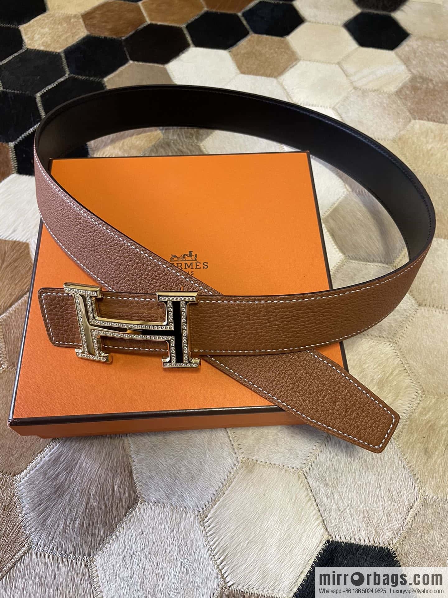 Hermes, stainless steel double-row diamond buckle, original leather lychee pattern belt 3.8cm