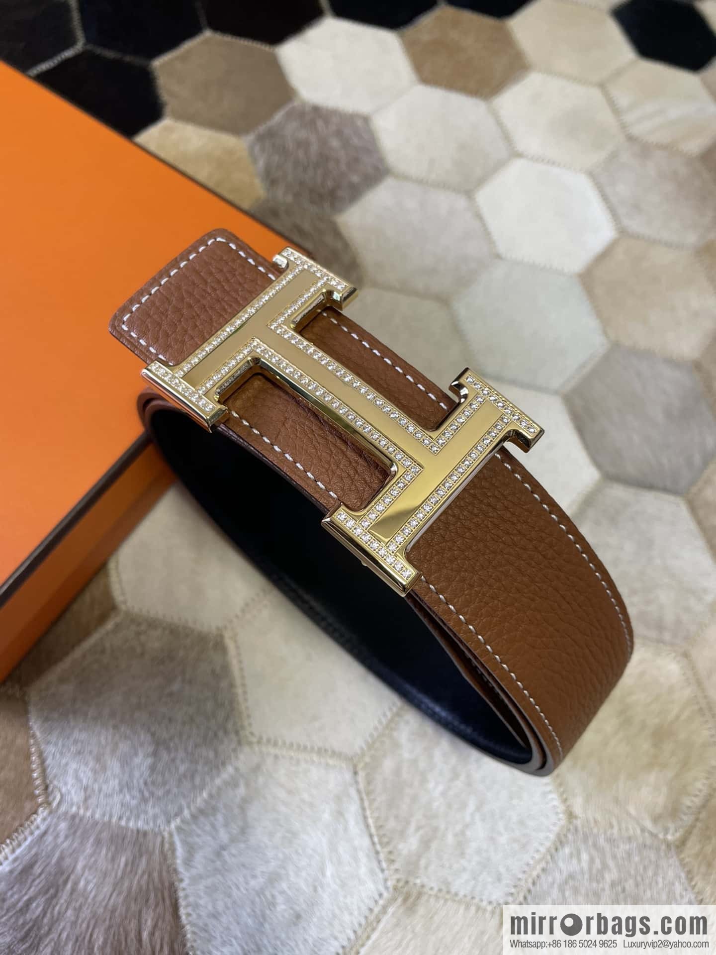 Hermes, stainless steel double-row diamond buckle, original leather lychee pattern belt 3.8cm