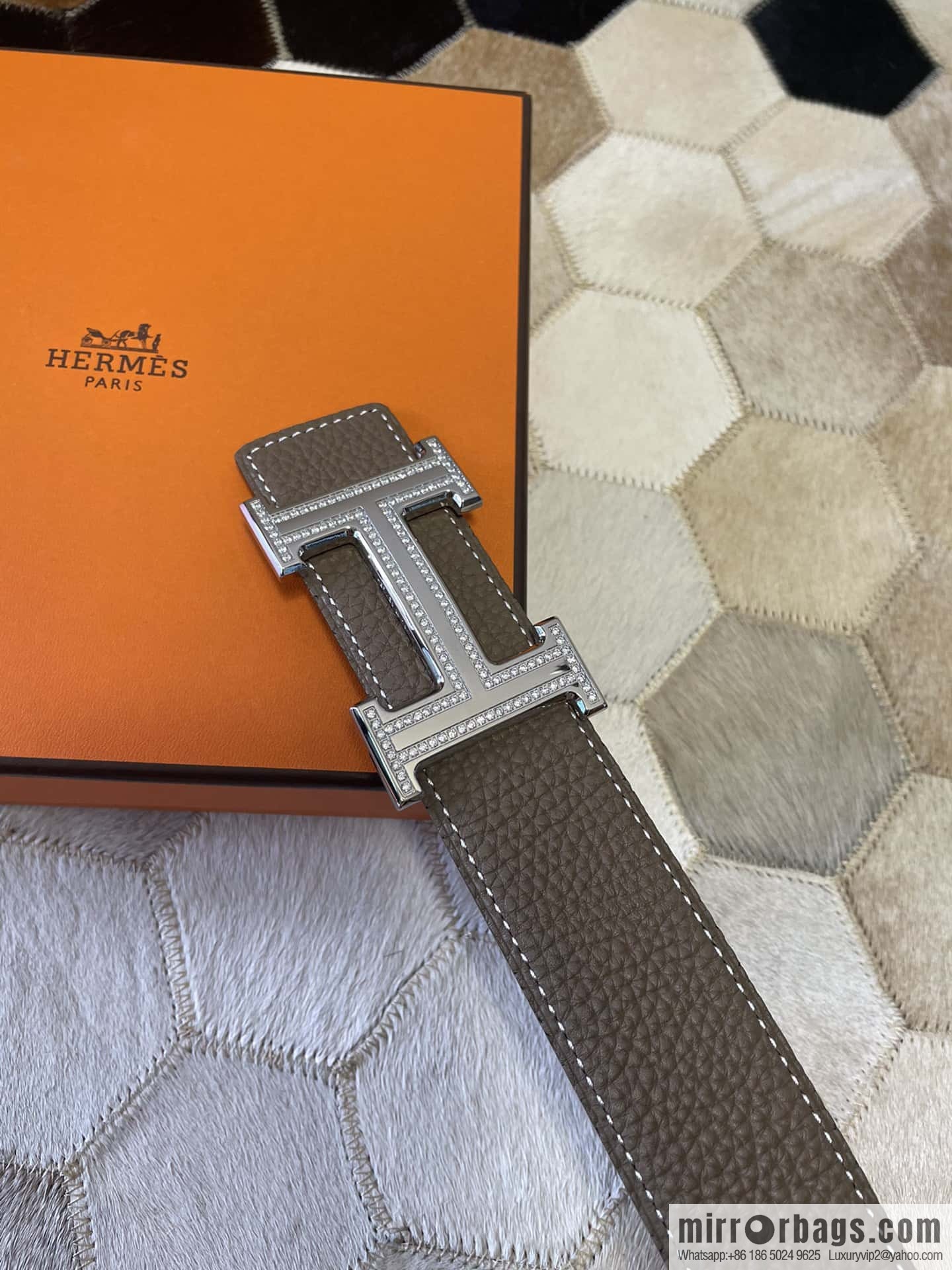 Hermes, stainless steel double-row diamond buckle, original leather lychee pattern belt 3.8cm