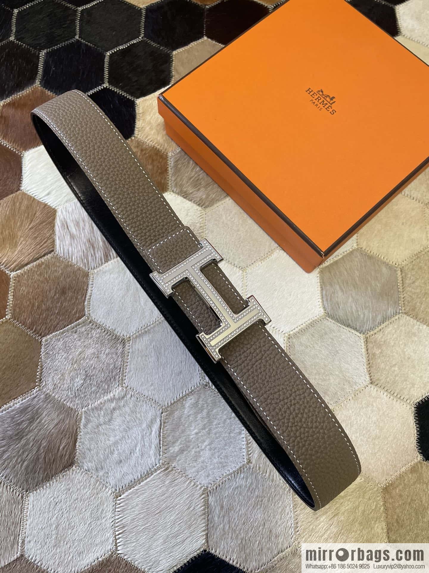 Hermes, stainless steel double-row diamond buckle, original leather lychee pattern belt 3.8cm
