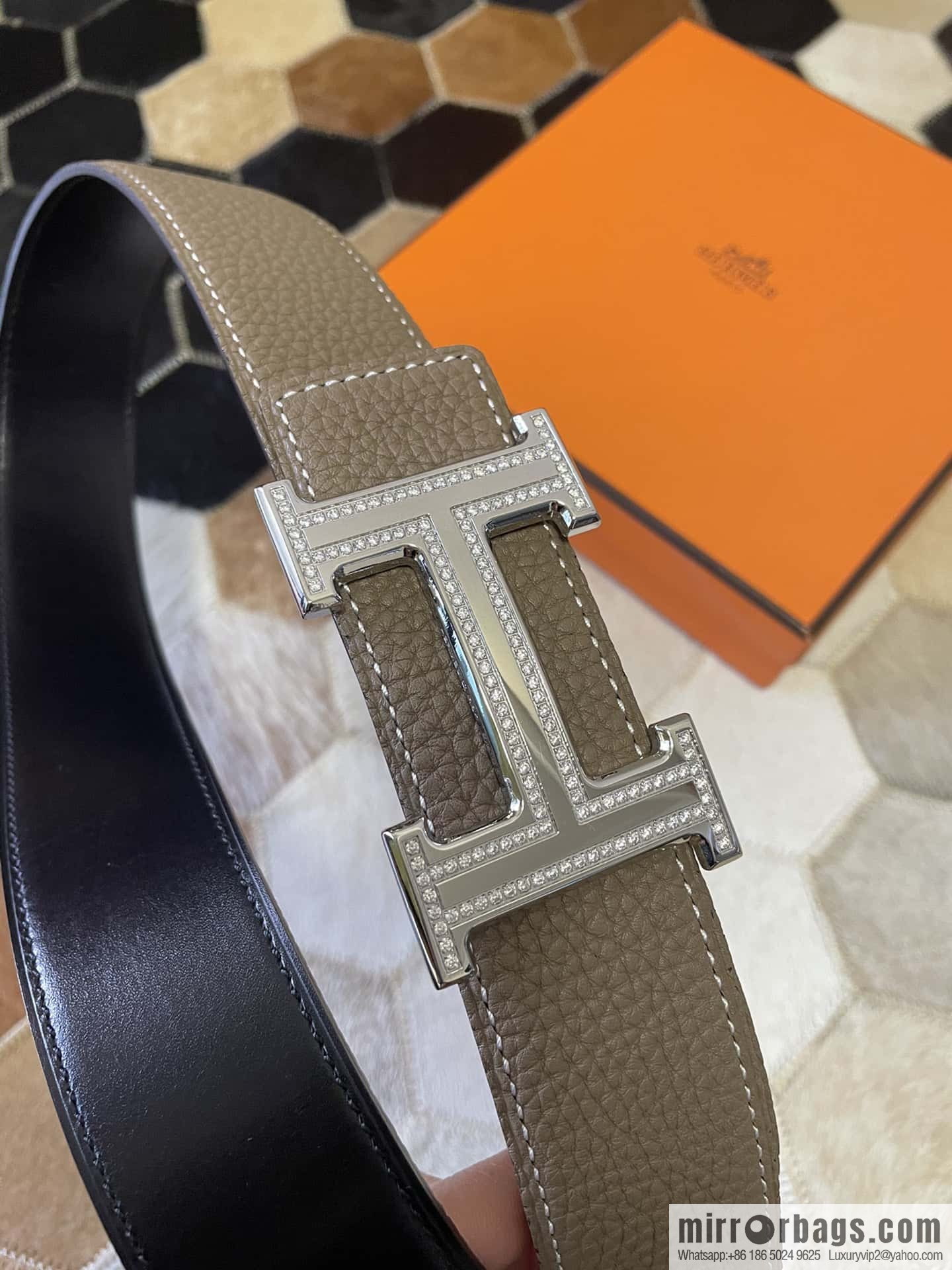Hermes, stainless steel double-row diamond buckle, original leather lychee pattern belt 3.8cm