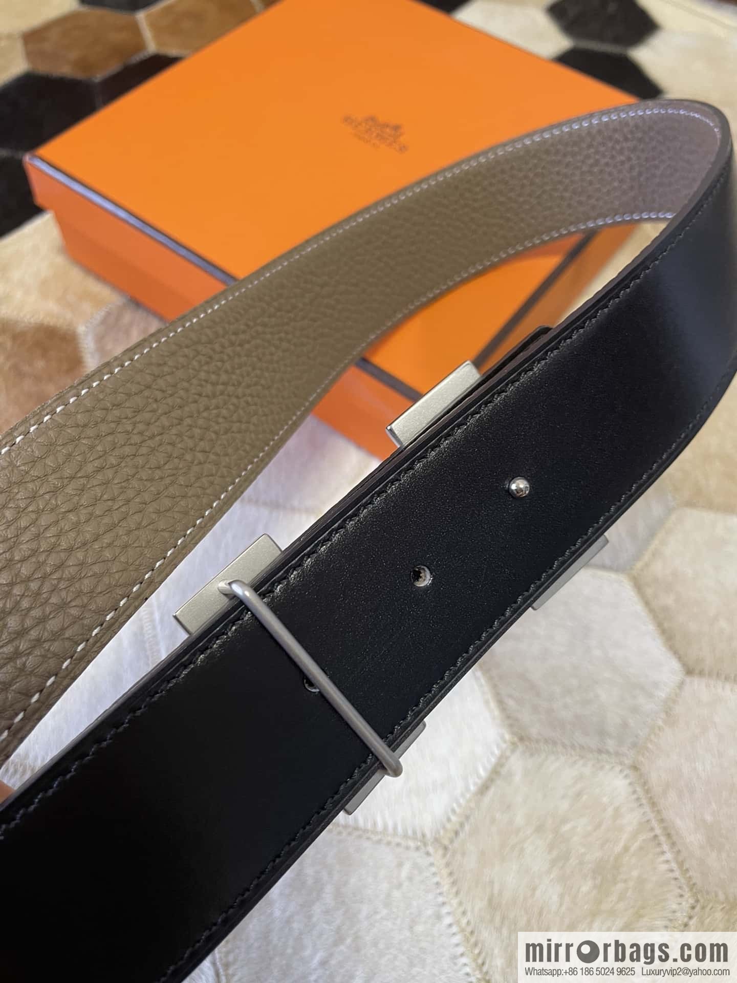 Hermes, stainless steel double-row diamond buckle, original leather lychee pattern belt 3.8cm