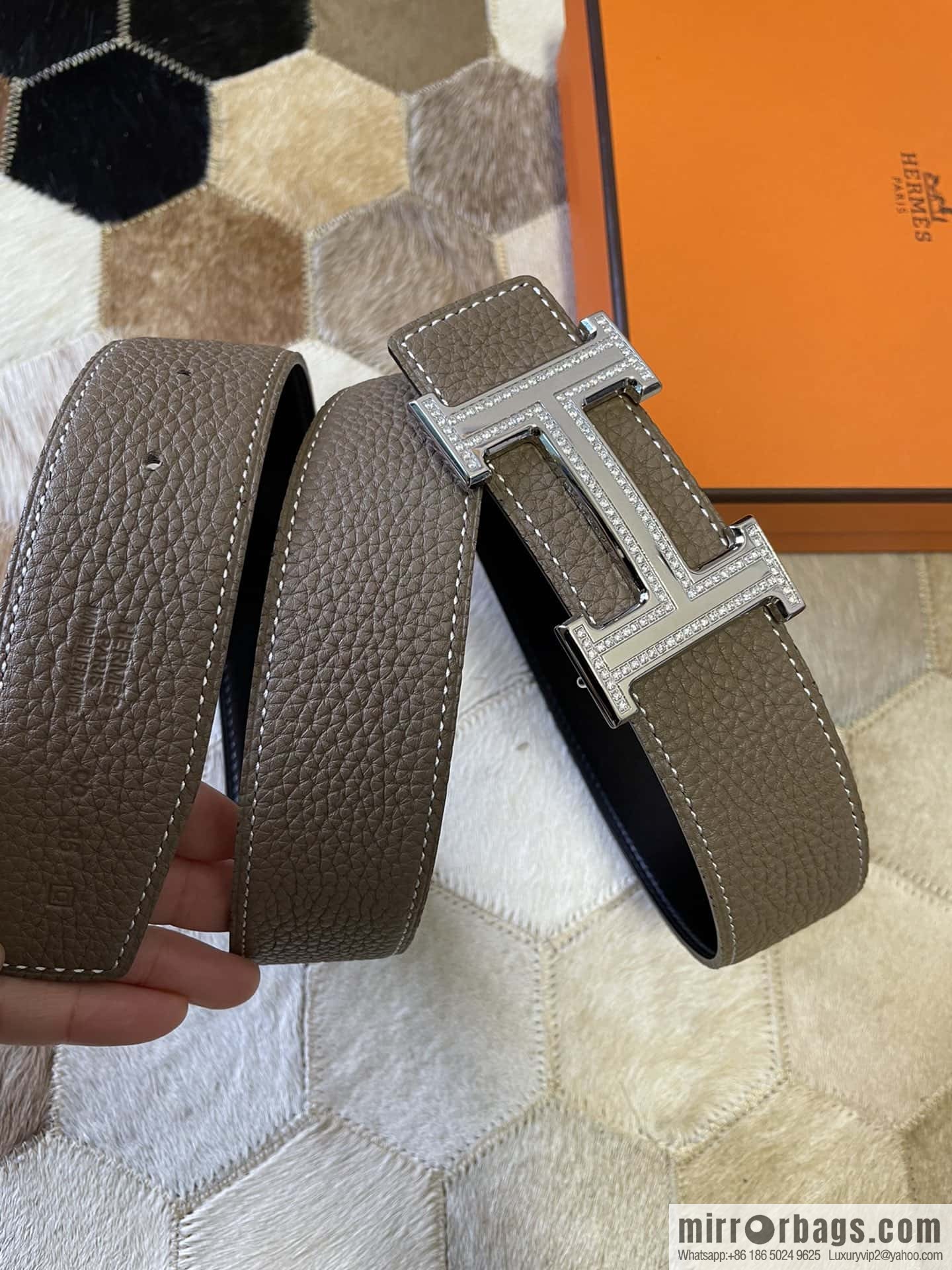 Hermes, stainless steel double-row diamond buckle, original leather lychee pattern belt 3.8cm