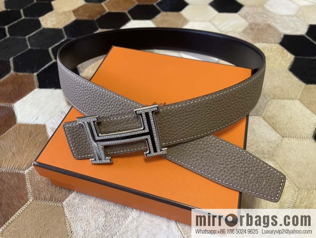 Hermes, stainless steel double-row diamond buckle, original leather lychee pattern belt 3.8cm