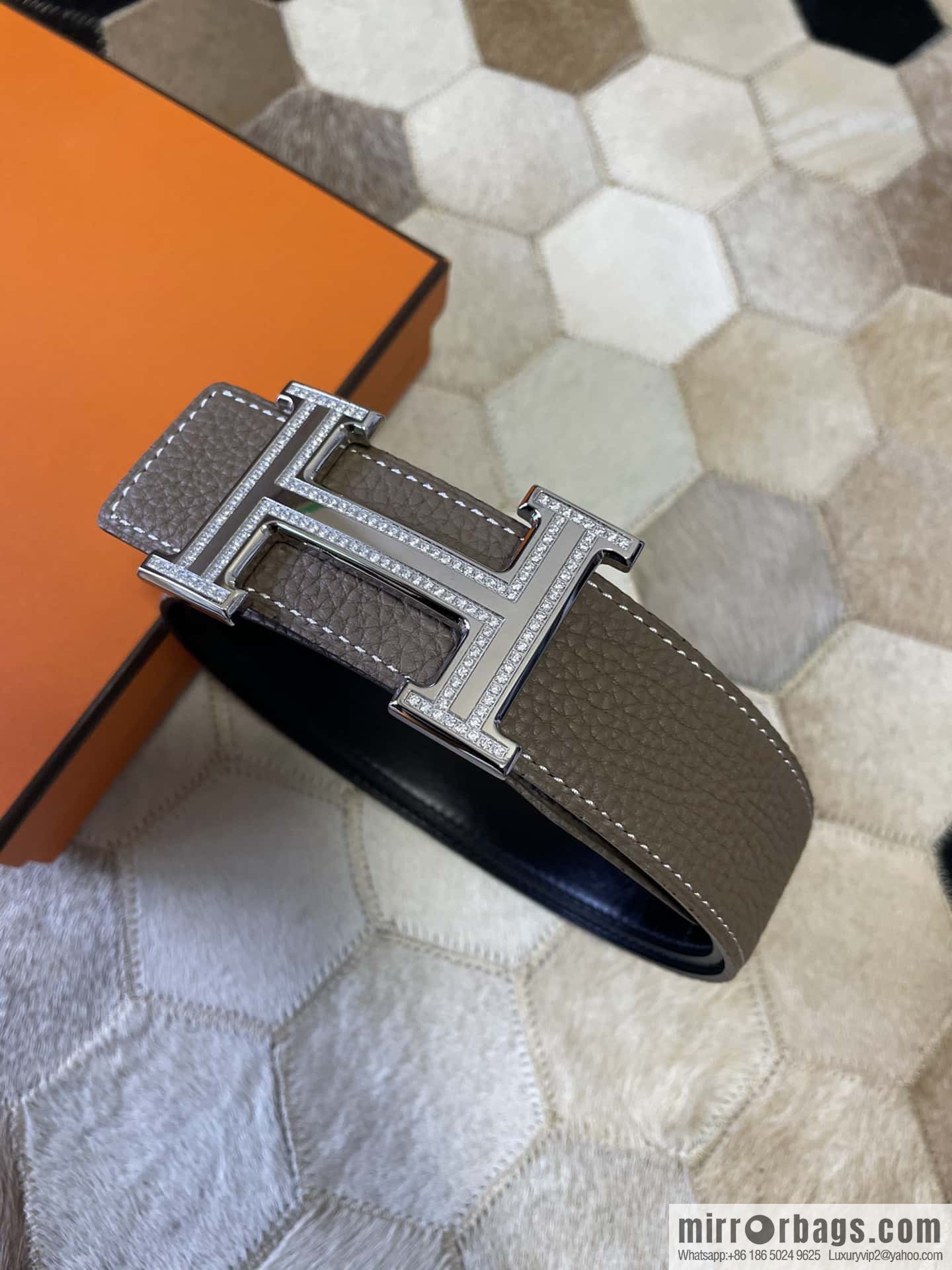 Hermes, stainless steel double-row diamond buckle, original leather lychee pattern belt 3.8cm