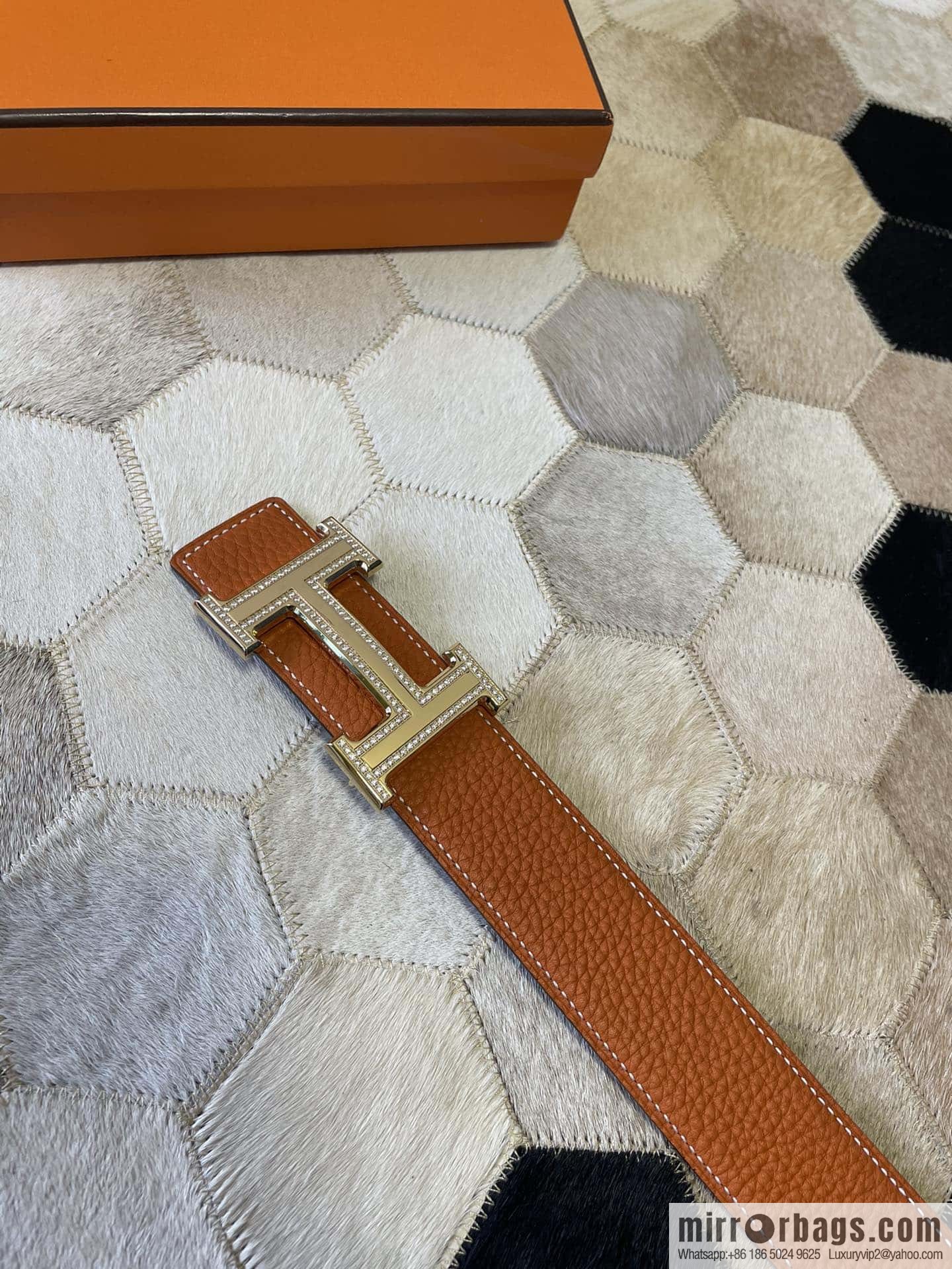 Hermes, stainless steel double-row diamond buckle, original leather lychee pattern belt 3.8cm