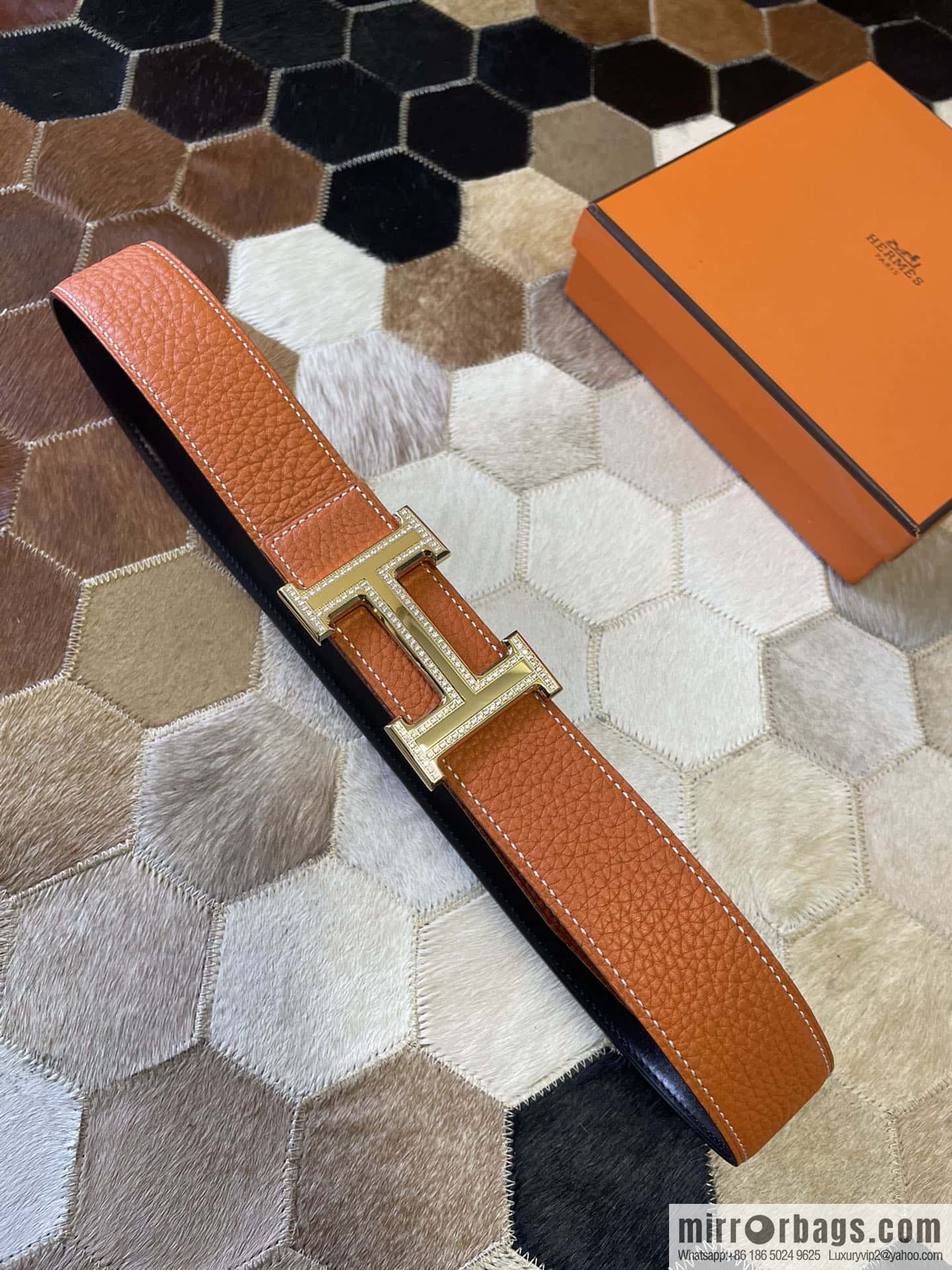 Hermes, stainless steel double-row diamond buckle, original leather lychee pattern belt 3.8cm