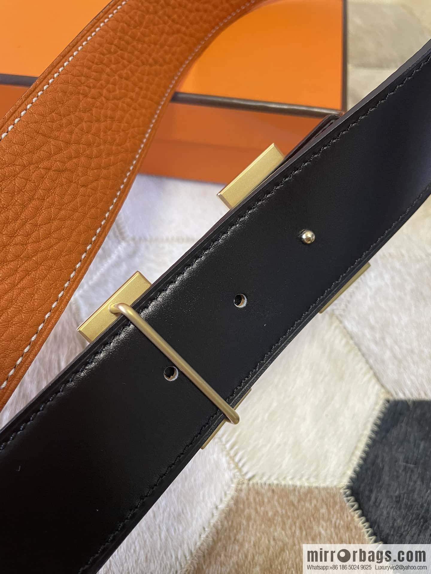 Hermes, stainless steel double-row diamond buckle, original leather lychee pattern belt 3.8cm