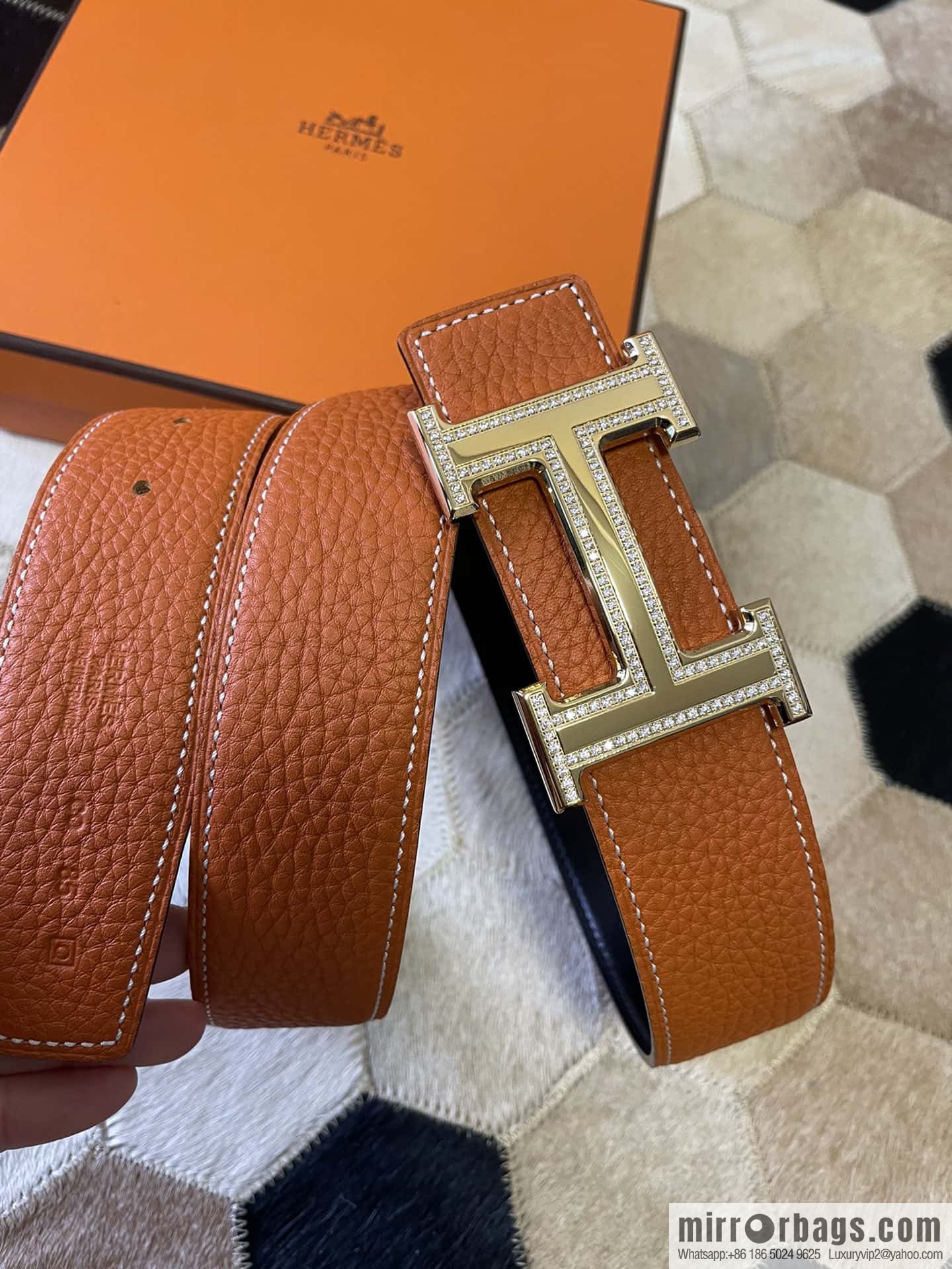 Hermes, stainless steel double-row diamond buckle, original leather lychee pattern belt 3.8cm