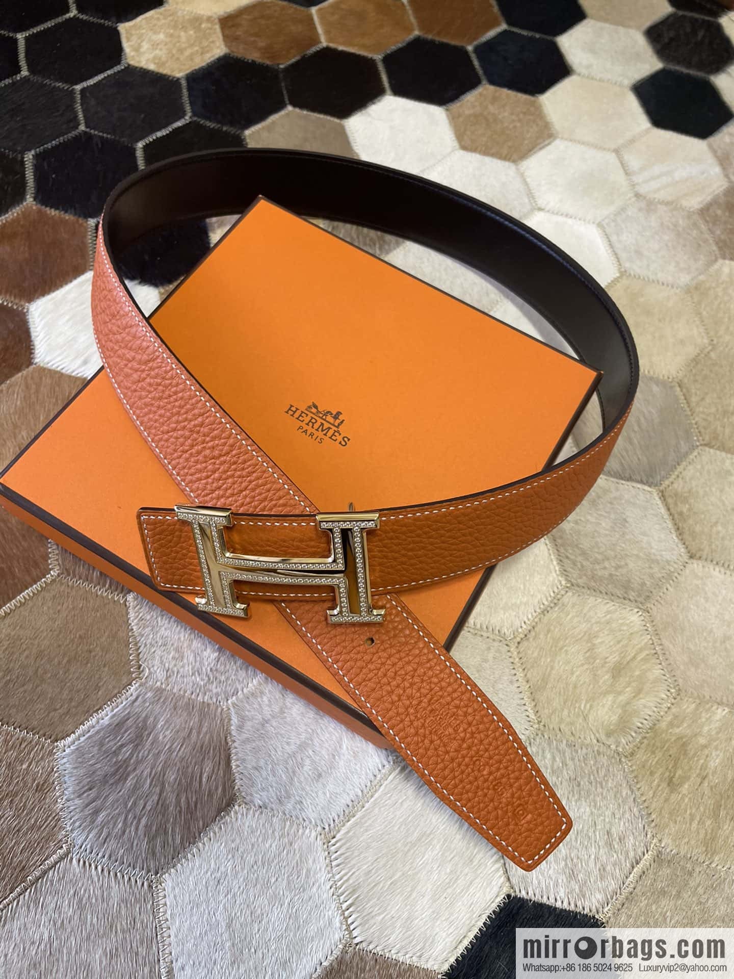 Hermes, stainless steel double-row diamond buckle, original leather lychee pattern belt 3.8cm