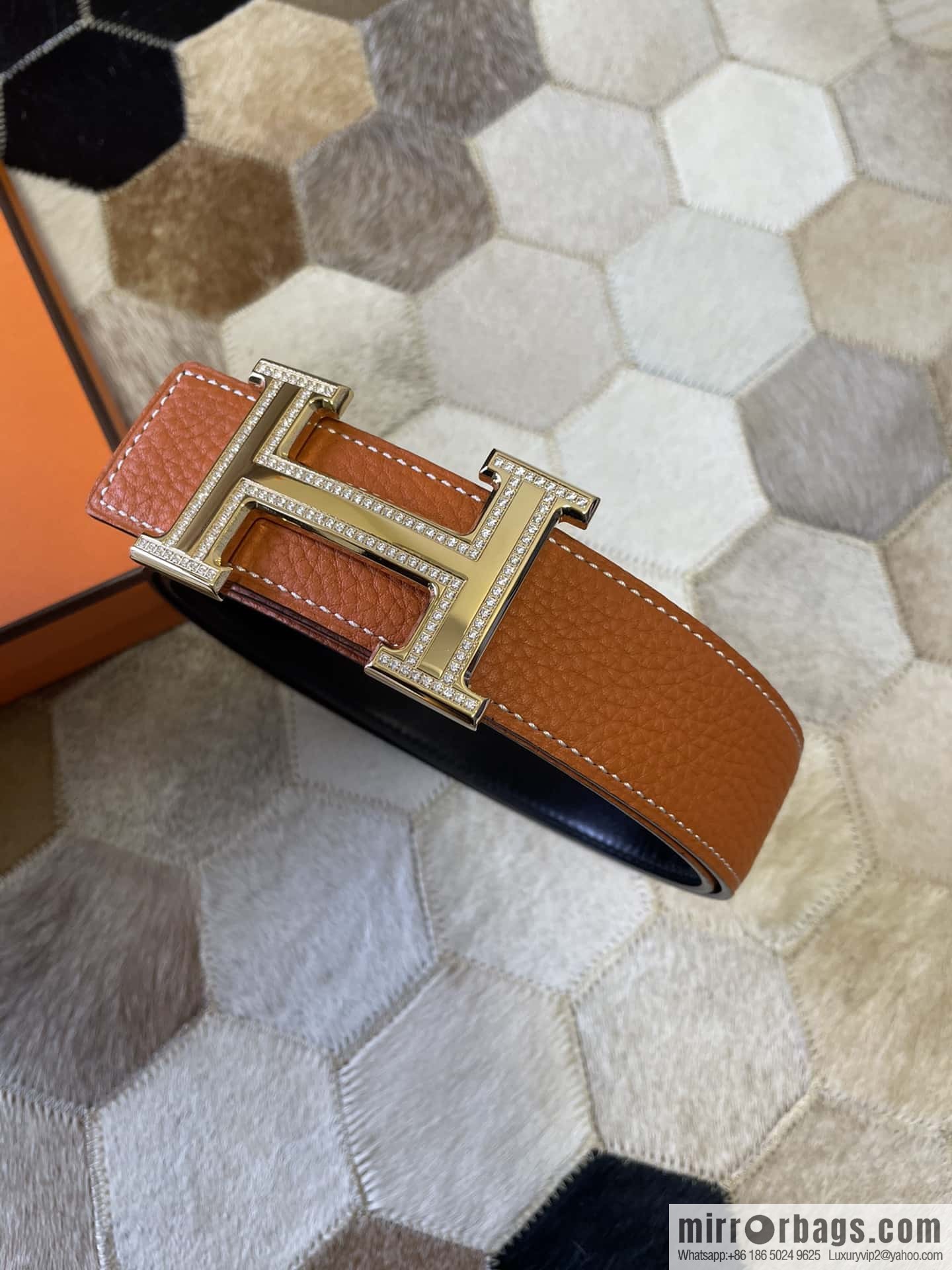 Hermes, stainless steel double-row diamond buckle, original leather lychee pattern belt 3.8cm