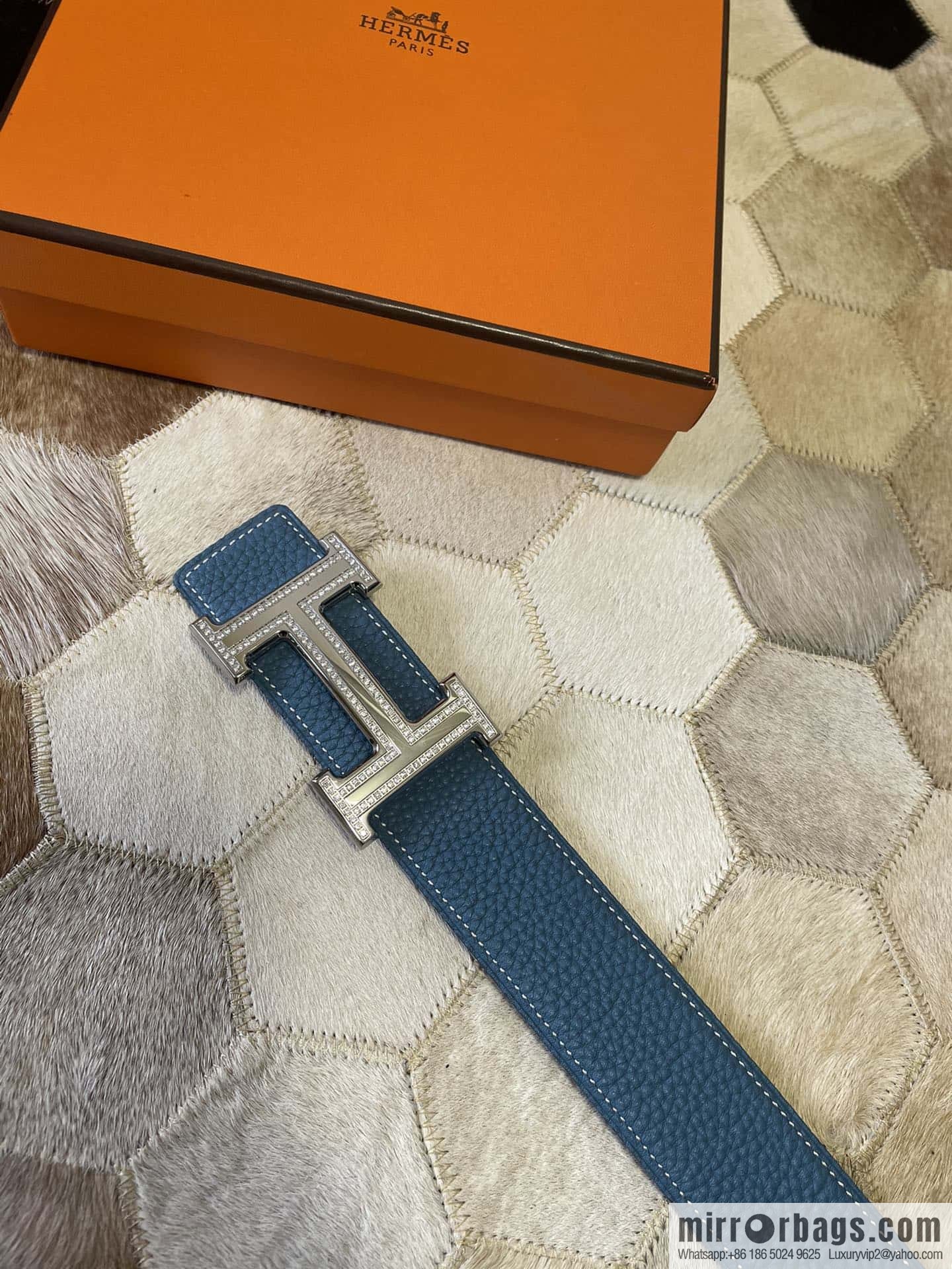 Hermes, stainless steel double-row diamond buckle, original leather lychee pattern belt 3.8cm