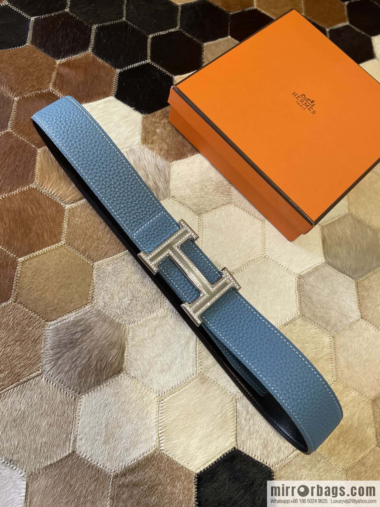Hermes, stainless steel double-row diamond buckle, original leather lychee pattern belt 3.8cm