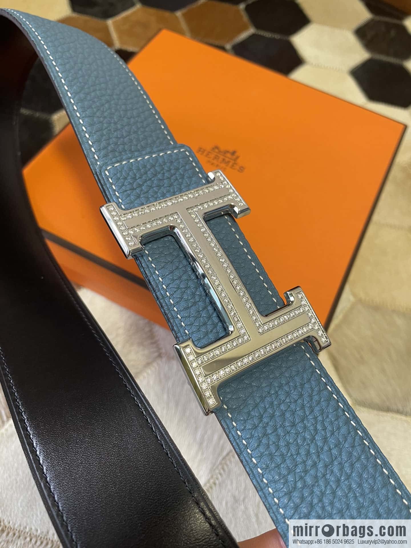 Hermes, stainless steel double-row diamond buckle, original leather lychee pattern belt 3.8cm