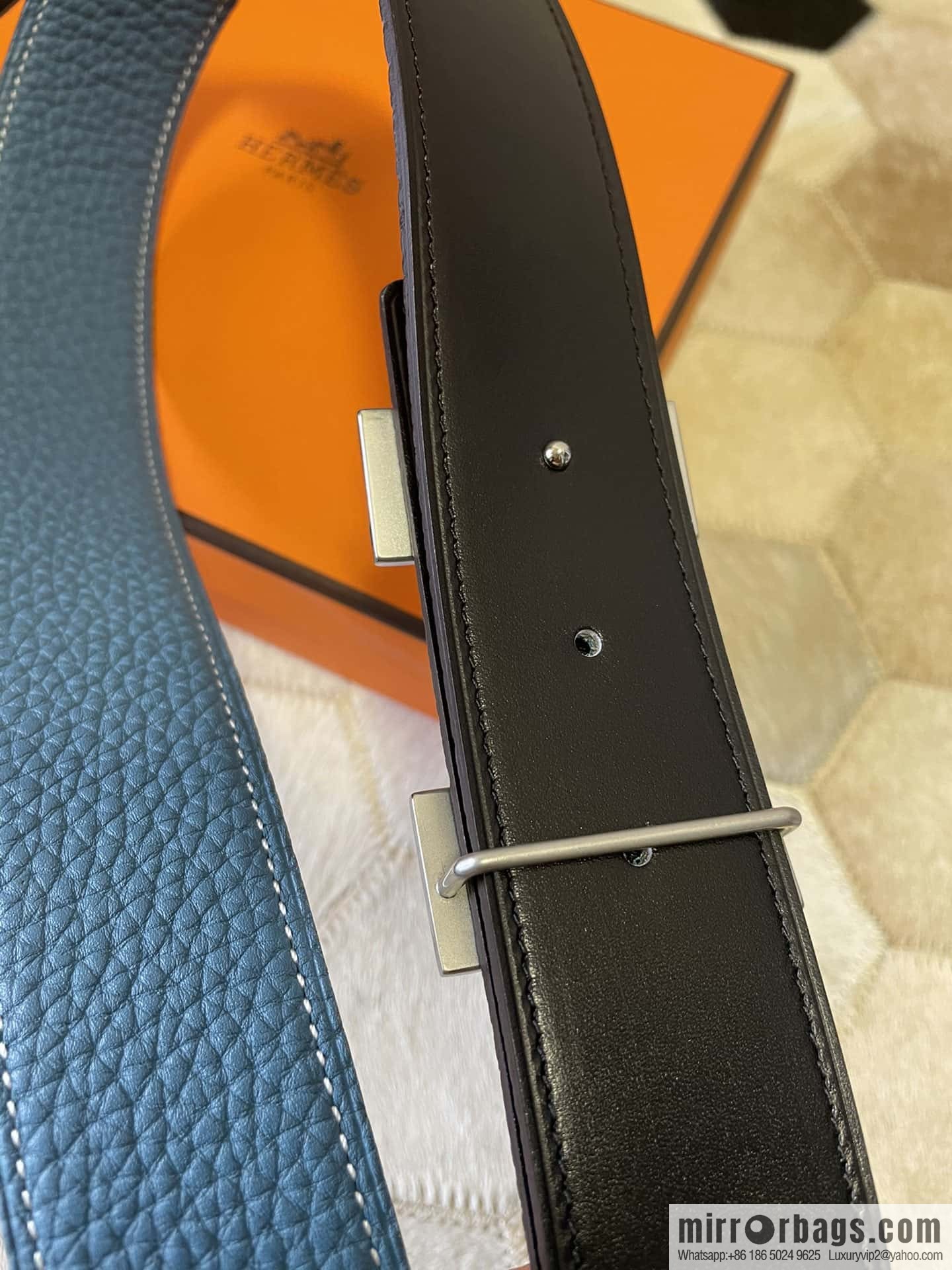 Hermes, stainless steel double-row diamond buckle, original leather lychee pattern belt 3.8cm