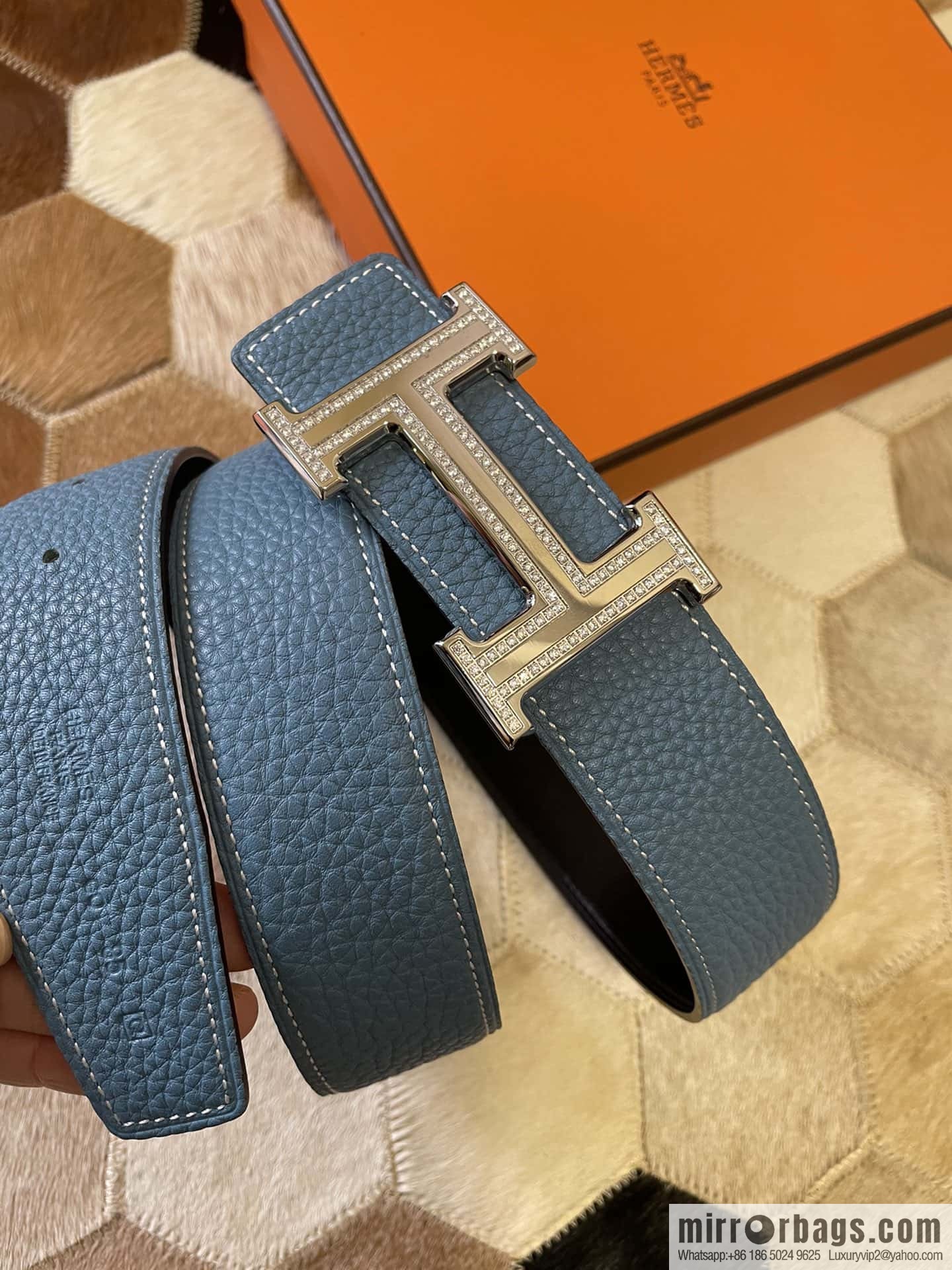 Hermes, stainless steel double-row diamond buckle, original leather lychee pattern belt 3.8cm