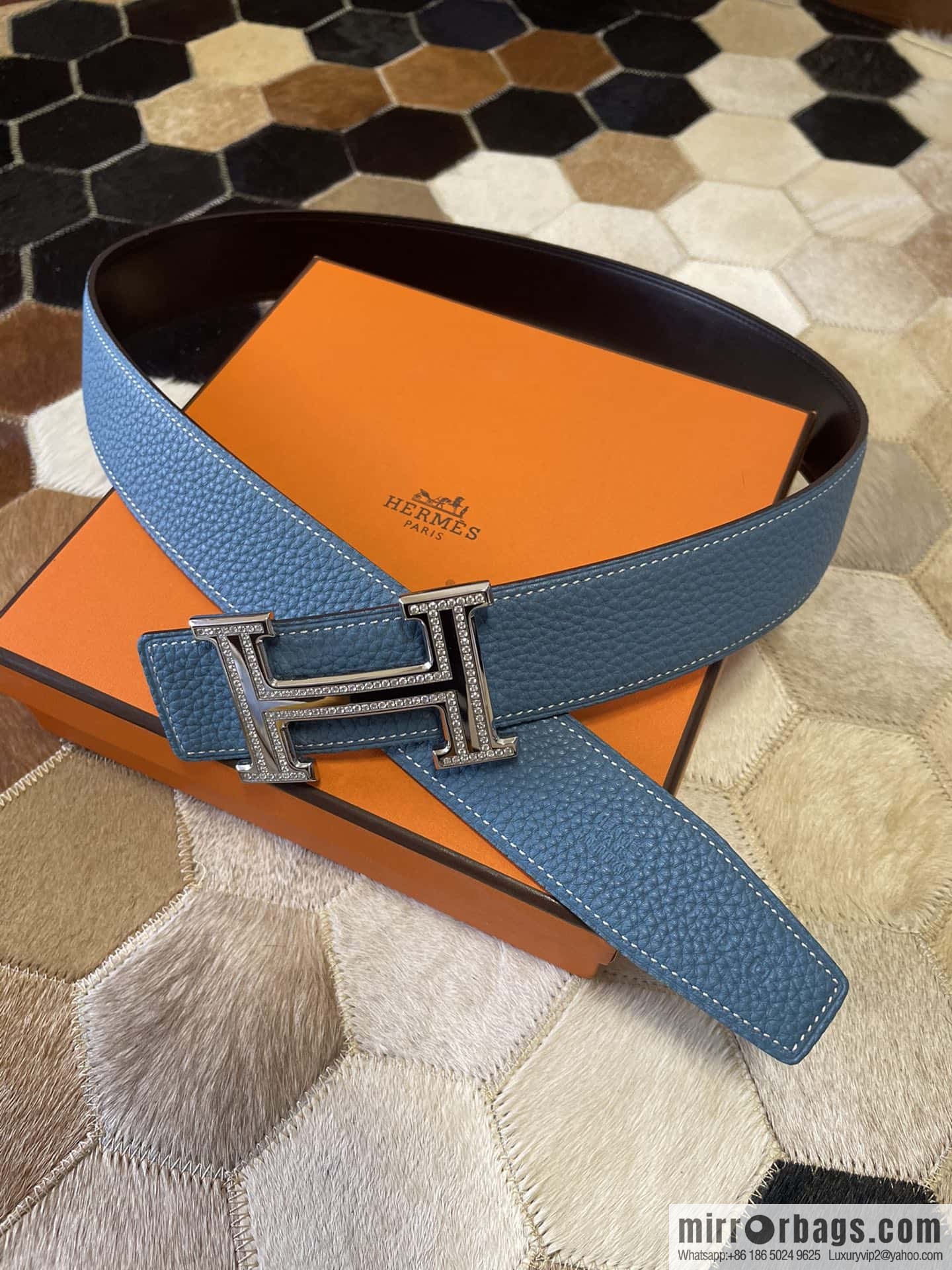 Hermes, stainless steel double-row diamond buckle, original leather lychee pattern belt 3.8cm