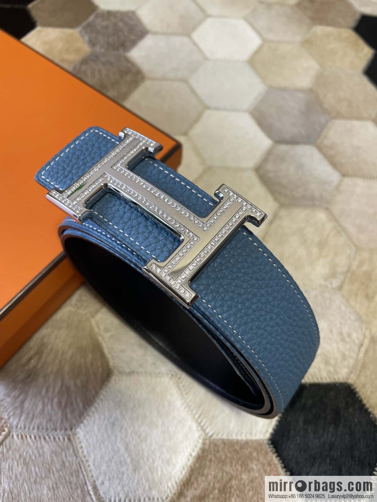 Hermes, stainless steel double-row diamond buckle, original leather lychee pattern belt 3.8cm