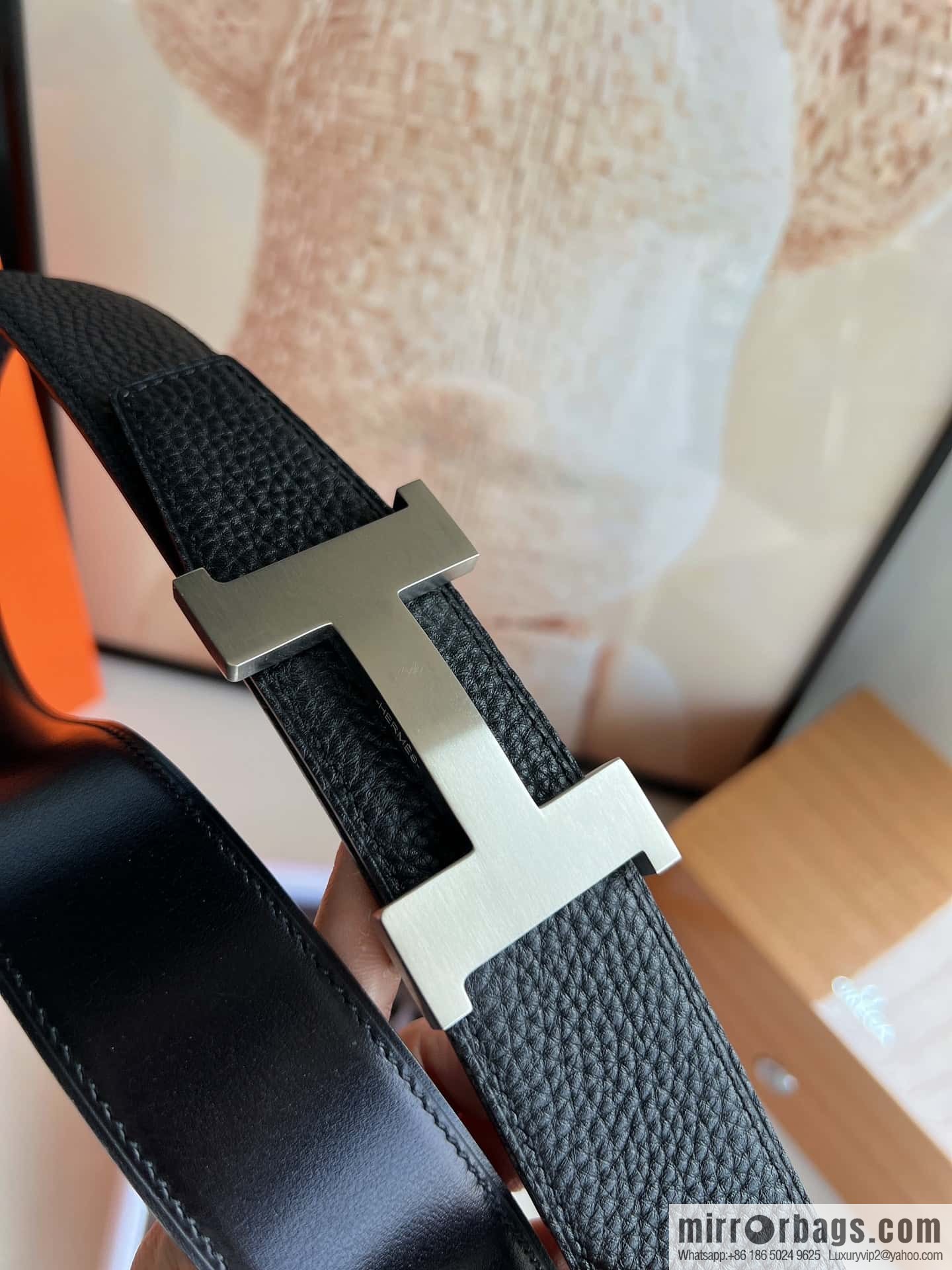HERMES H solder joint four-corner metal buckle, men's double-sided leather belt 38mm