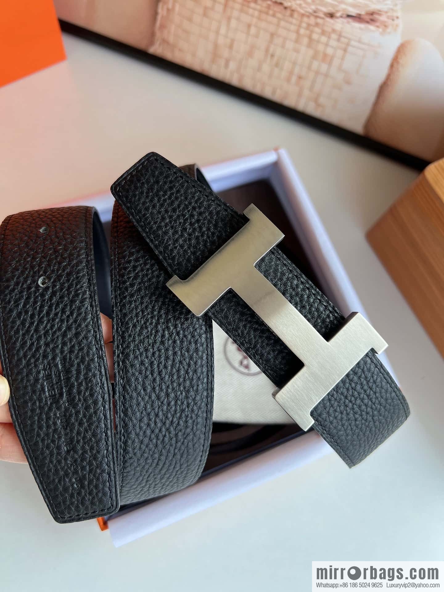 HERMES H solder joint four-corner metal buckle, men's double-sided leather belt 38mm
