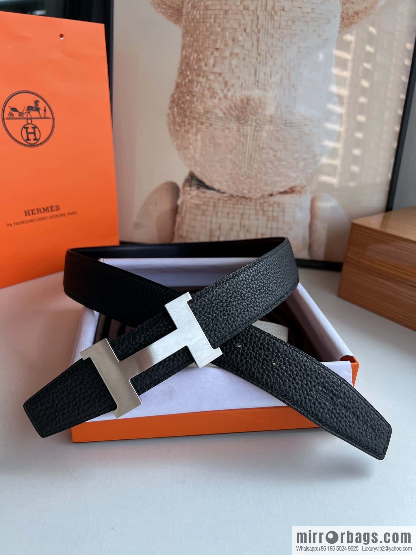 HERMES H solder joint four-corner metal buckle, men's double-sided leather belt 38mm