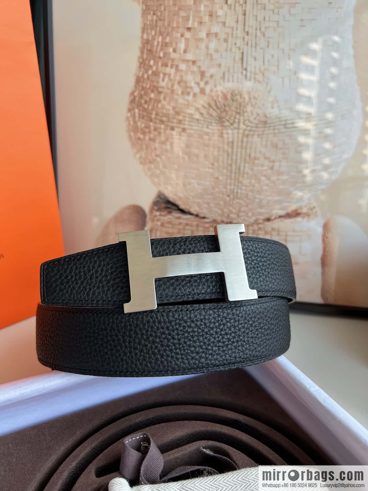 HERMES H solder joint four-corner metal buckle, men's double-sided leather belt 38mm