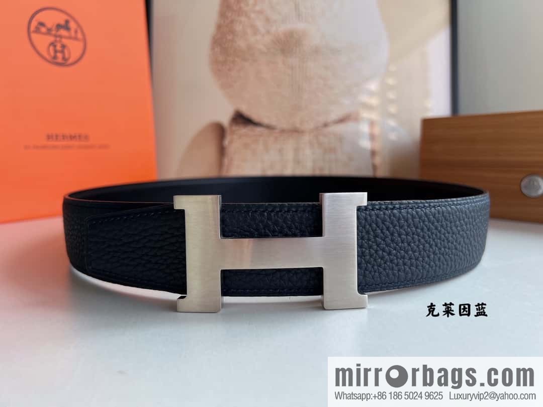 HERMES H solder joint four-corner metal buckle, men's double-sided leather belt 38mm
