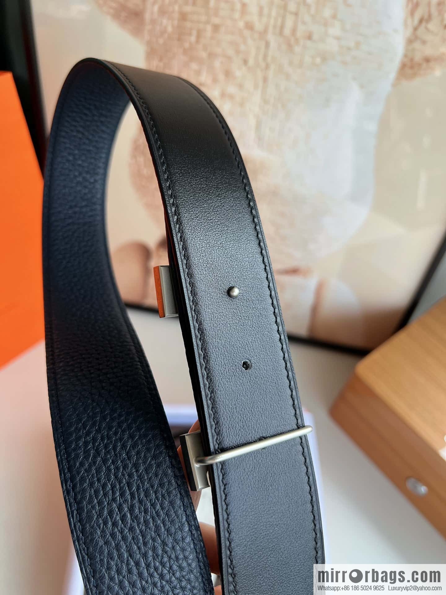 HERMES H solder joint four-corner metal buckle, men's double-sided leather belt 38mm