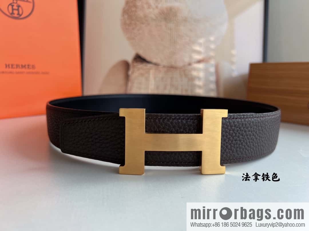 HERMES H solder joint four-corner metal buckle, men's double-sided leather belt 38mm