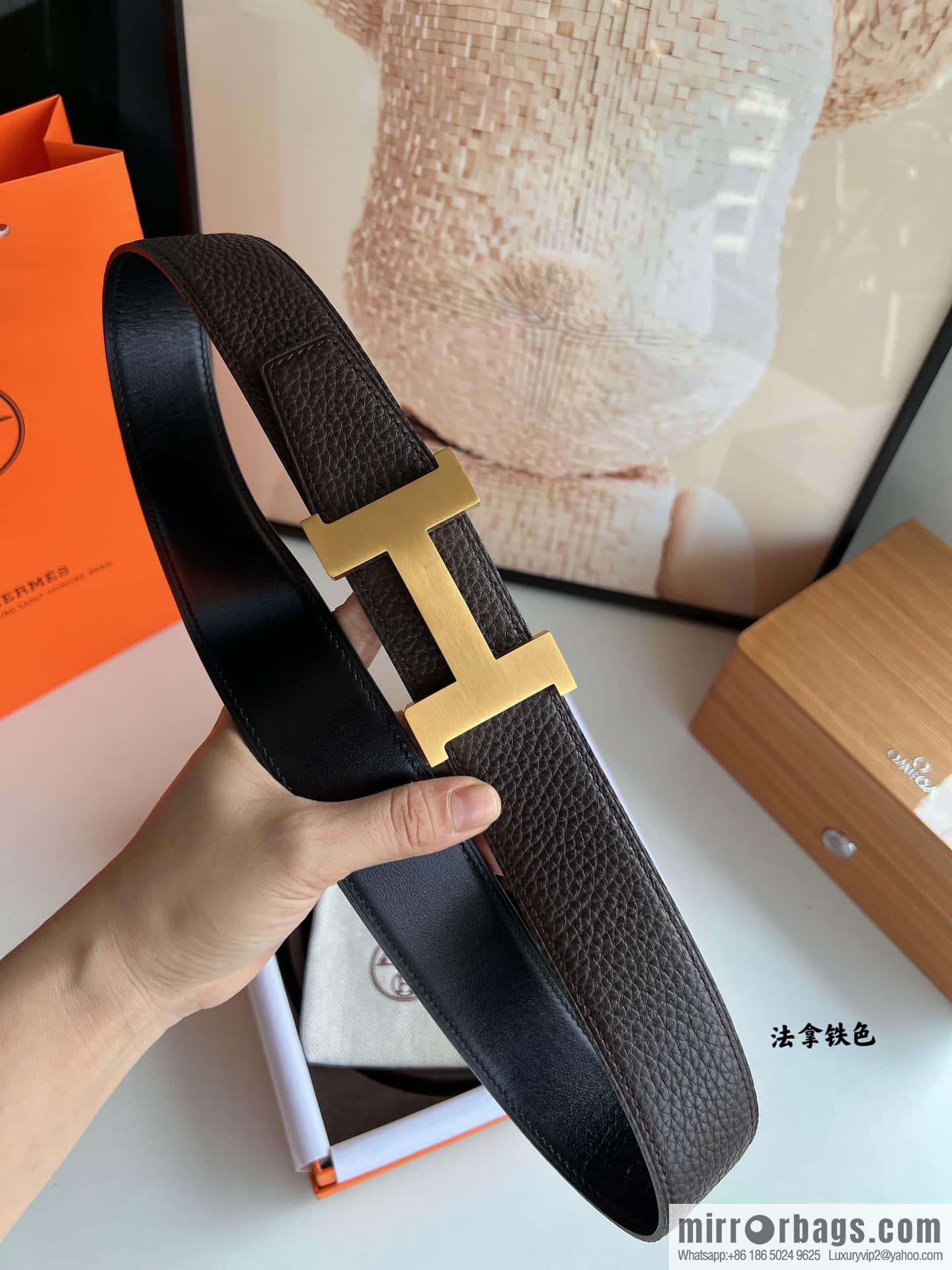 HERMES H solder joint four-corner metal buckle, men's double-sided leather belt 38mm
