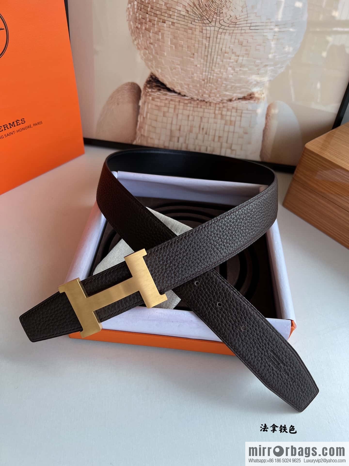 HERMES H solder joint four-corner metal buckle, men's double-sided leather belt 38mm