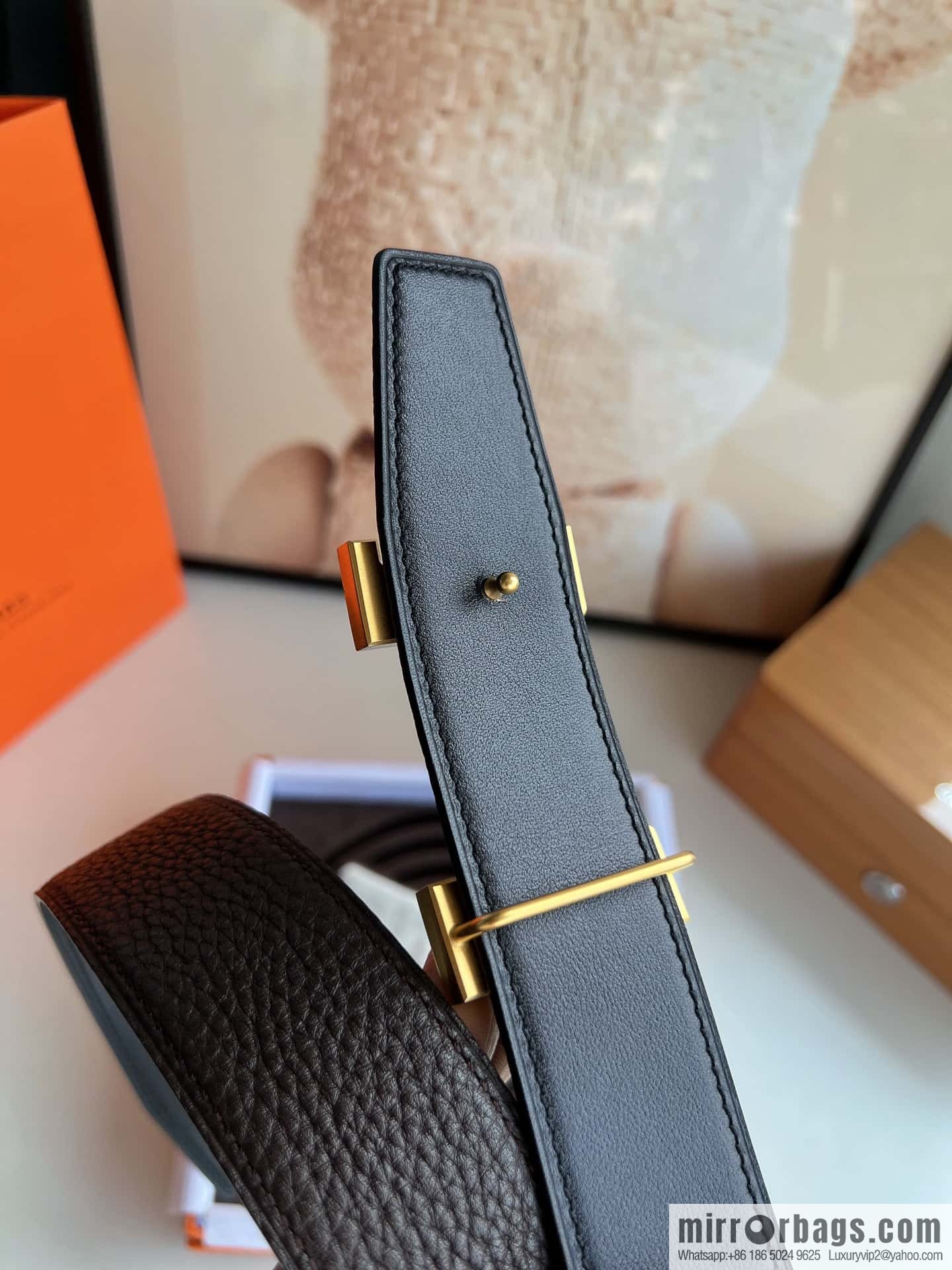 HERMES H solder joint four-corner metal buckle, men's double-sided leather belt 38mm