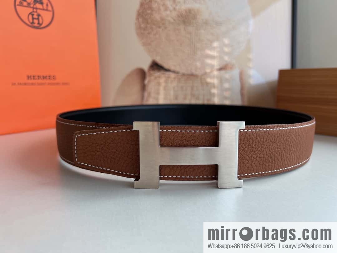 HERMES H solder joint four-corner metal buckle, men's double-sided leather belt 38mm
