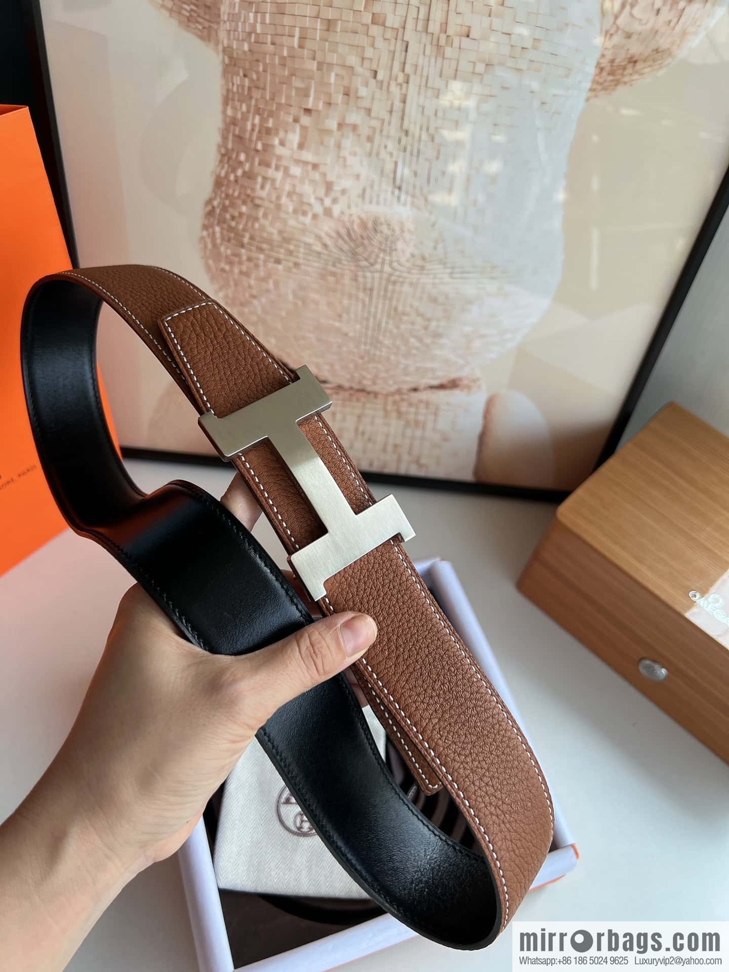 HERMES H solder joint four-corner metal buckle, men's double-sided leather belt 38mm